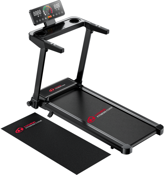 
HOMEFITNESSCODE, 
F&auml;llbart L&ouml;pband Q8, 1&ndash;12 Km/h, 3.0hp, 5% Lutning, 12 Program(med Matta), 
Detail 1
