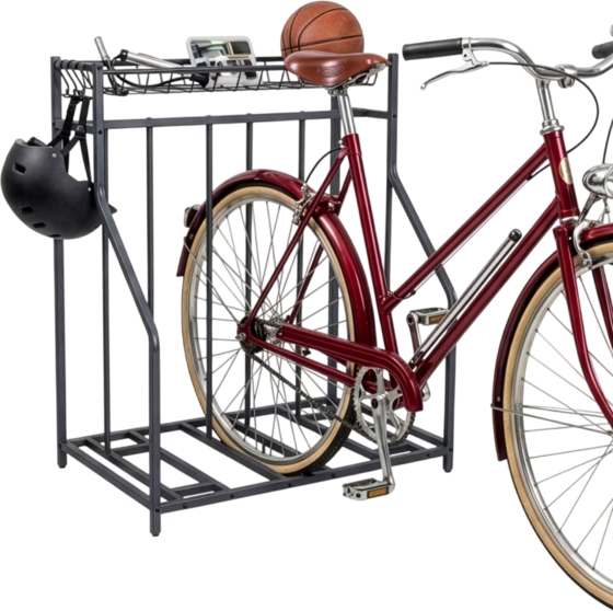 
NORTHIX, 
Freestanding Bike Rack, Basket And 6 Hooks, Adjustable Slots, 
Detail 1
