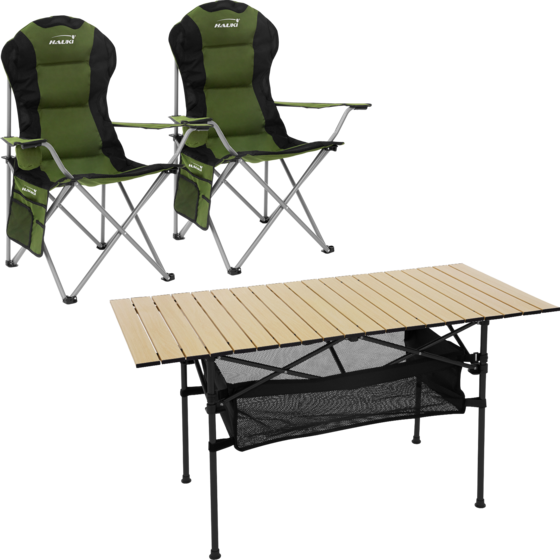 
HAUKI, 
Hauki Camping Furniture Set 3 Piece Folding Table Beige With Two Khaki Camping Chairs Portable, 
Detail 1
