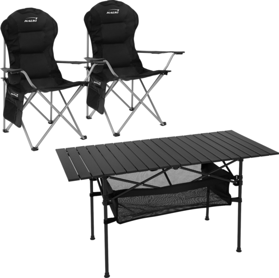 
HAUKI, 
Hauki Camping Furniture Set 3 Piece Folding Table Black With Two Black Camping Chairs Portable, 
Detail 1
