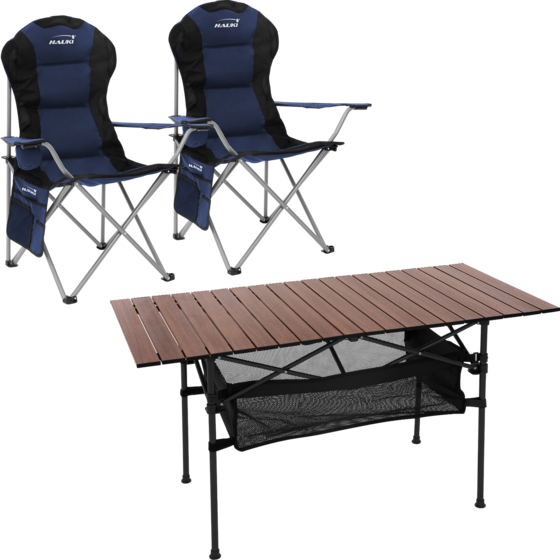 
HAUKI, 
Hauki Camping Furniture Set 3 Piece Folding Table Brown With Two Blue Camping Chairs Portable, 
Detail 1
