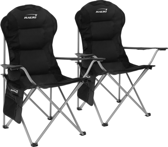 
HAUKI, 
Hauki Set Of 2 Foldable Camping Chairs, Black Padded High-back Outdoor Seats With Cup Holders, 
Detail 1
