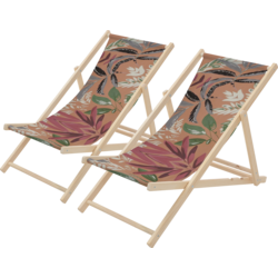 Ecd Germany Set Of 2 Folding Deck Chair Floral Brown Red Green, Sunbed Wooden Beach Lounger - FLORAL BROWN Standard Small1x1