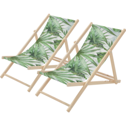 Ecd Germany Set Of 2 Folding Deck Chair Palm Tree Green And White, Sunbed Wooden Beach Lounger - PALM GREEN Standard Small1x1