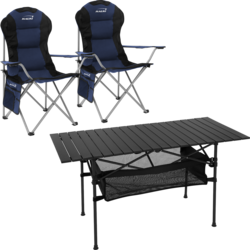 Hauki Camping Furniture Set 3 Piece Folding Table Black With Two Blue Camping Chairs Portable - BLACK, BLUE Standard Small1x1