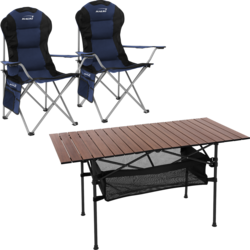 Hauki Camping Furniture Set 3 Piece Folding Table Brown With Two Blue Camping Chairs Portable - BROWN, BLUE Standard Small1x1