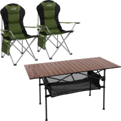 Hauki Camping Furniture Set 3 Piece Folding Table Brown With Two Khaki Camping Chairs Portable - BROWN, GREEN Standard Small1x1