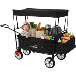 Hauki Folding Wagon With Canopy, L Black Sit In Camping and Beach Kids Cart with 2 Mesh Pockets - BLACK Standard Small1x1