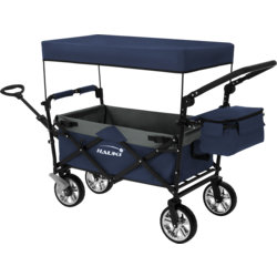 Hauki Folding Wagon With Canopy, XXL Blue Grey, Camping and Beach Kids Cart with 2 Mesh Pockets - BLUE, BLACK Standard Small1x1