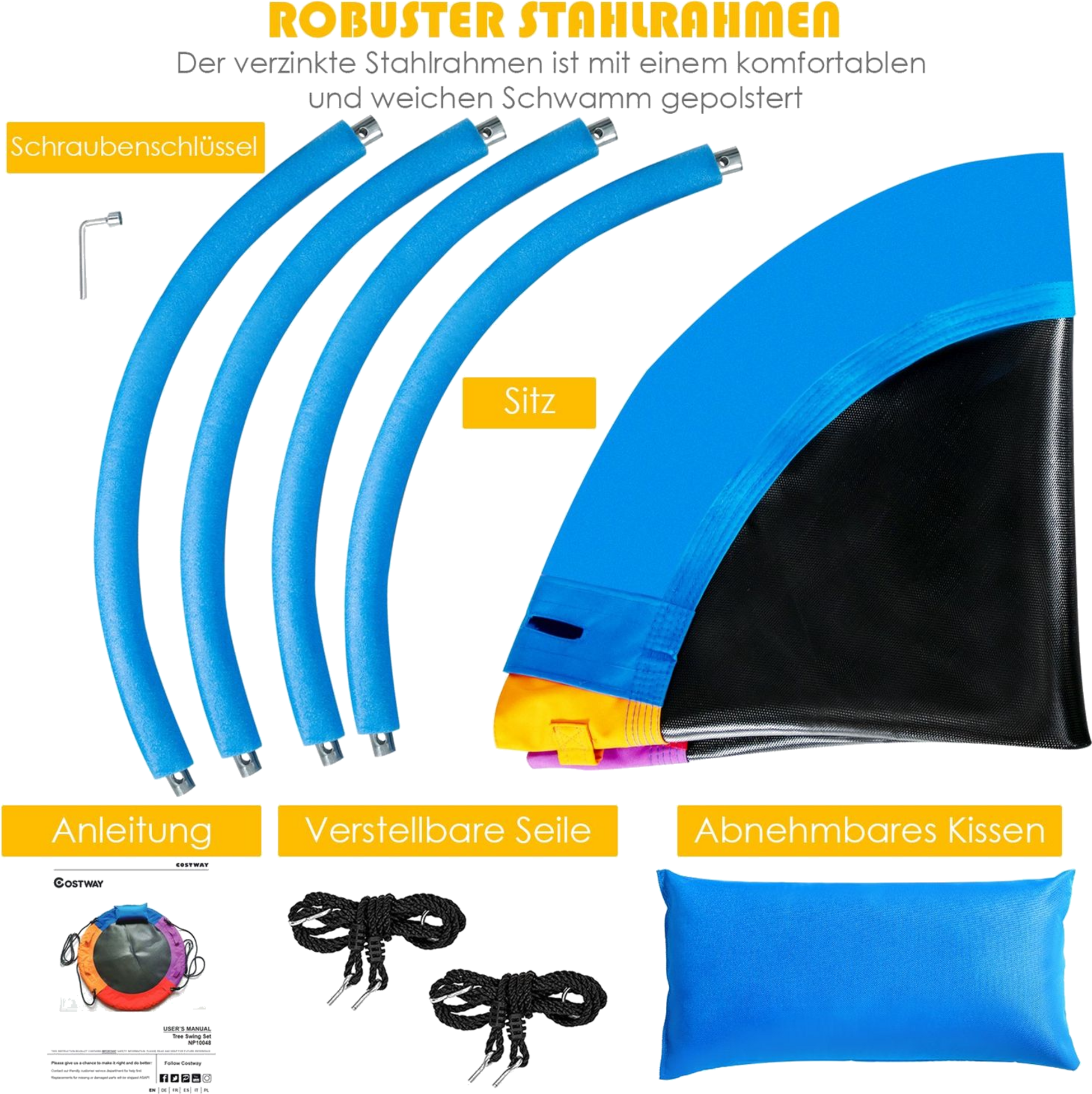 B2X, Ø100 Cm Swing With 100 - 180 Cm Adjustable Rope Saucer Tree Swing Colorful