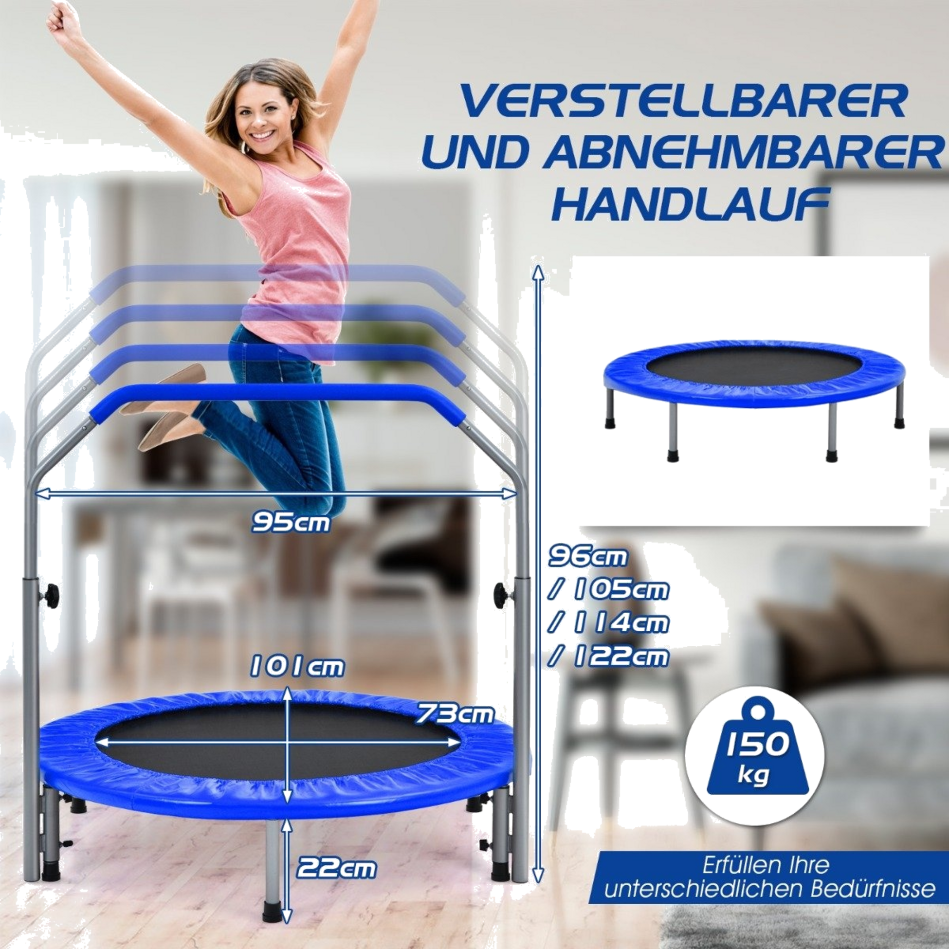 NORTHIX, &Oslash;101 Cm Folding Mini Trampoline Fitness Trampoline With Height-adjustable Handle Blue + Black