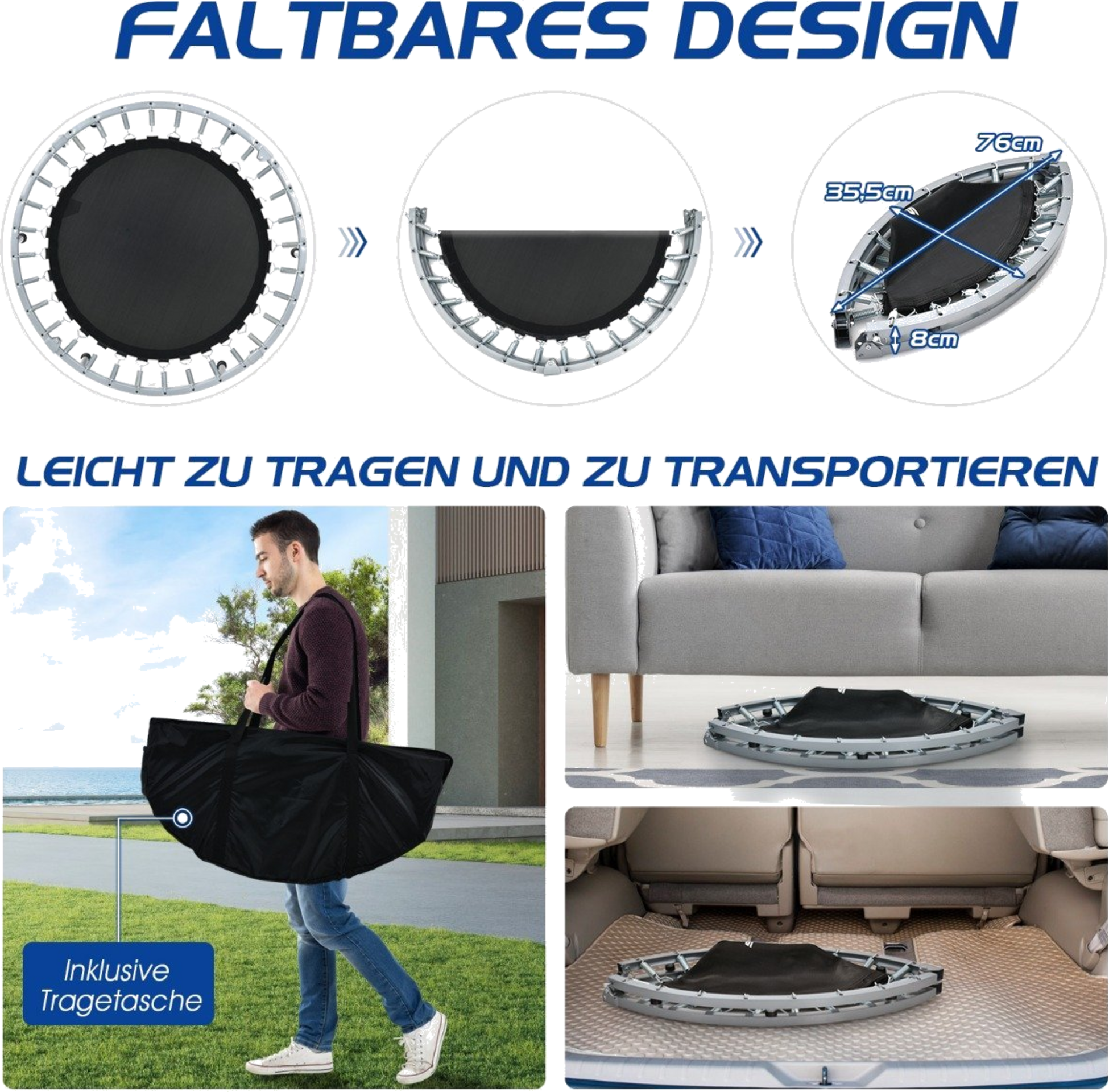 NORTHIX, &Oslash;101 Cm Folding Mini Trampoline Fitness Trampoline With Height-adjustable Handle Blue + Black