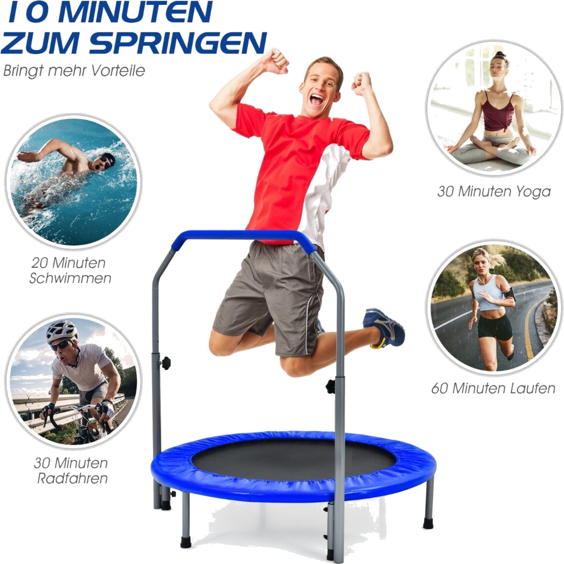 NORTHIX, &Oslash;101 Cm Folding Mini Trampoline Fitness Trampoline With Height-adjustable Handle Blue + Black