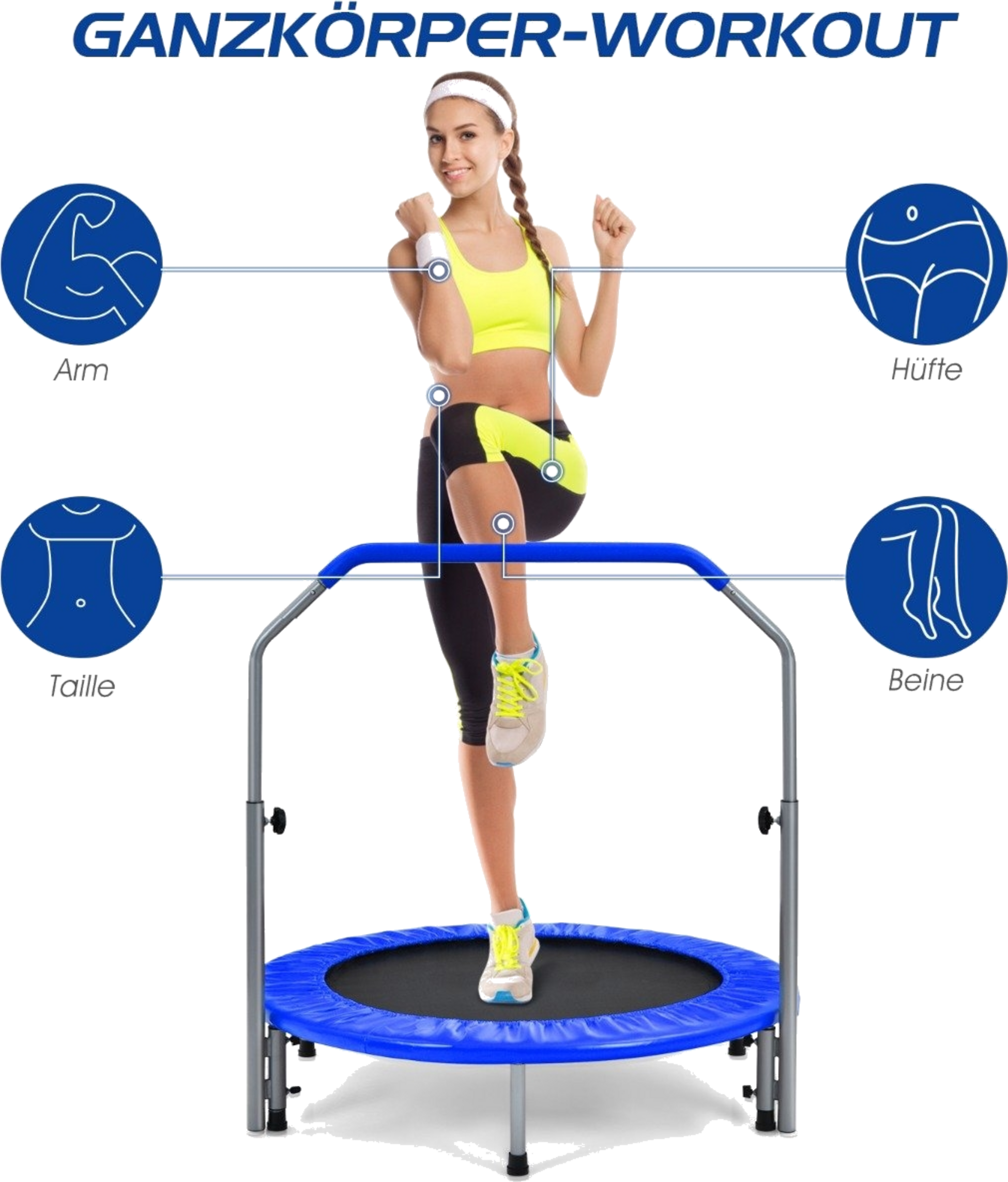 NORTHIX, &Oslash;101 Cm Folding Mini Trampoline Fitness Trampoline With Height-adjustable Handle Blue + Black