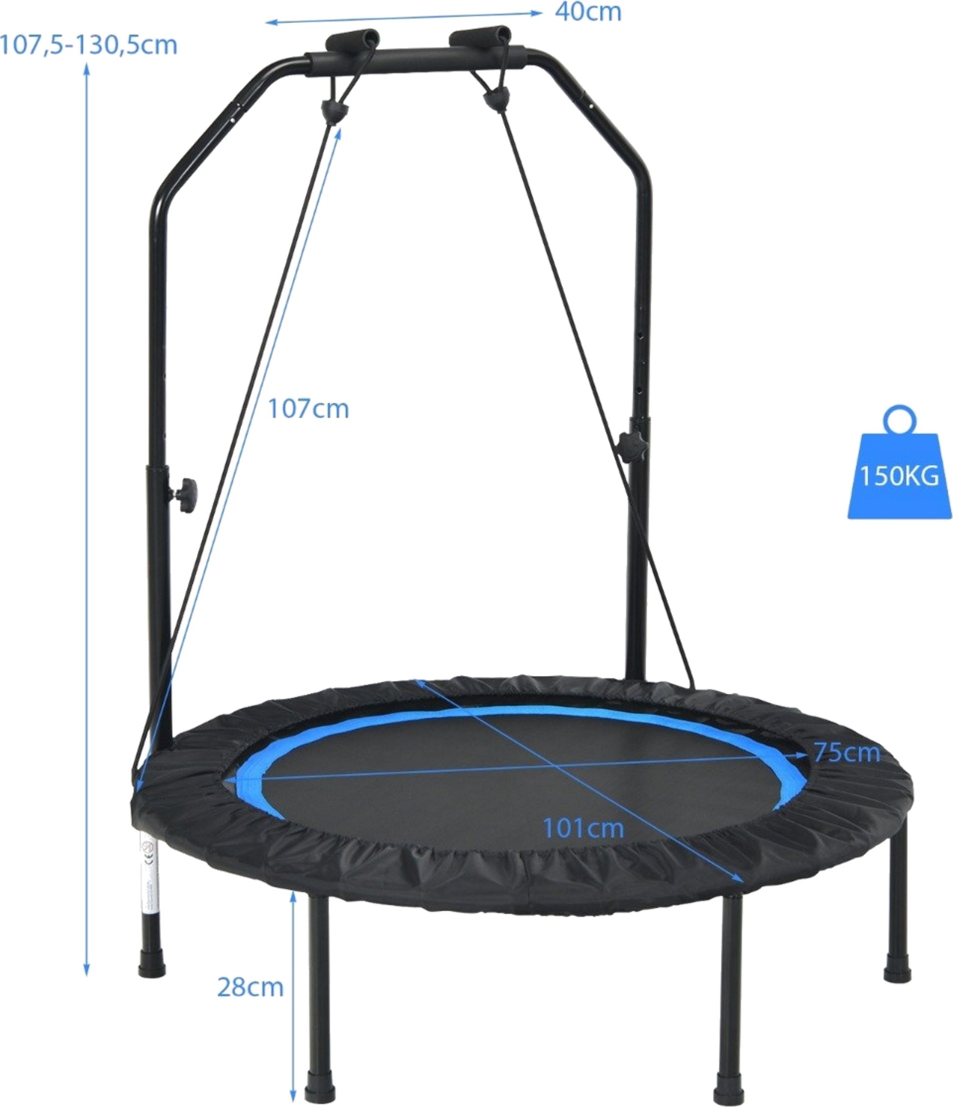 B2X, &Oslash;101 Cm Trampoline With 2 Resistance Bands Mini Trampoline With Height-adjustable Handle Black + Blu