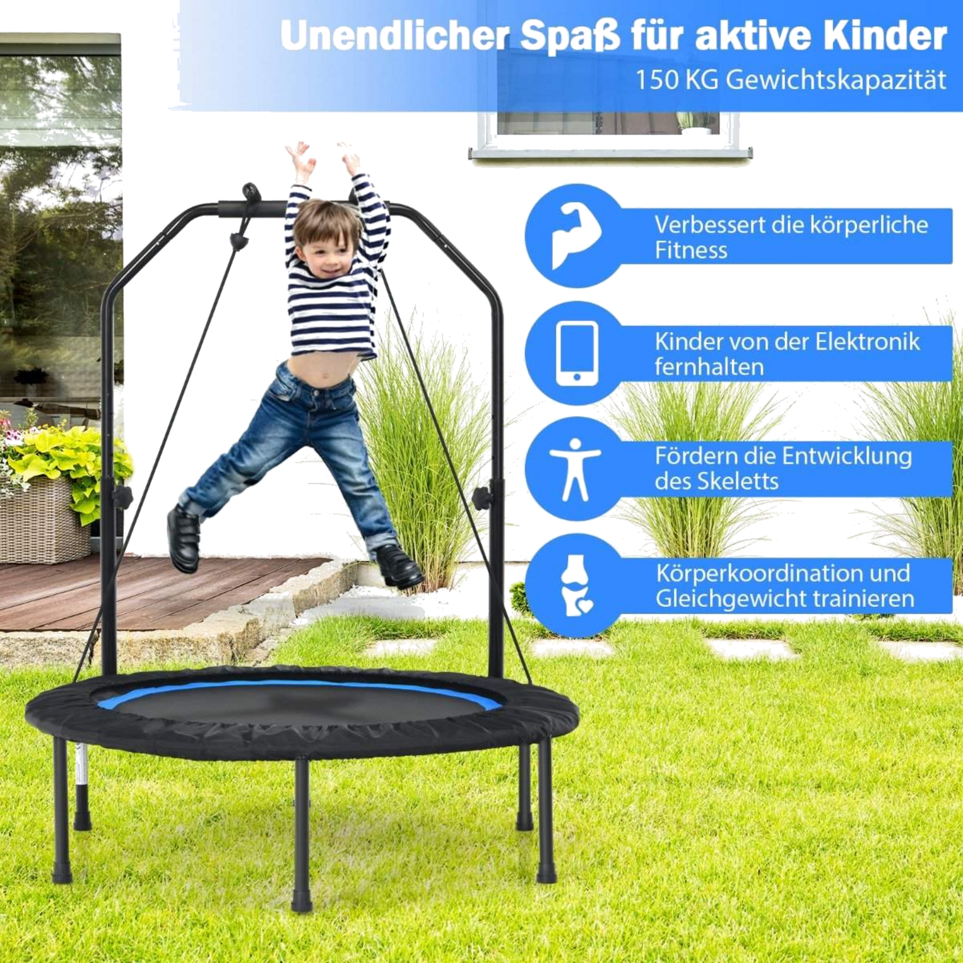 B2X, &Oslash;101 Cm Trampoline With 2 Resistance Bands Mini Trampoline With Height-adjustable Handle Black + Blu