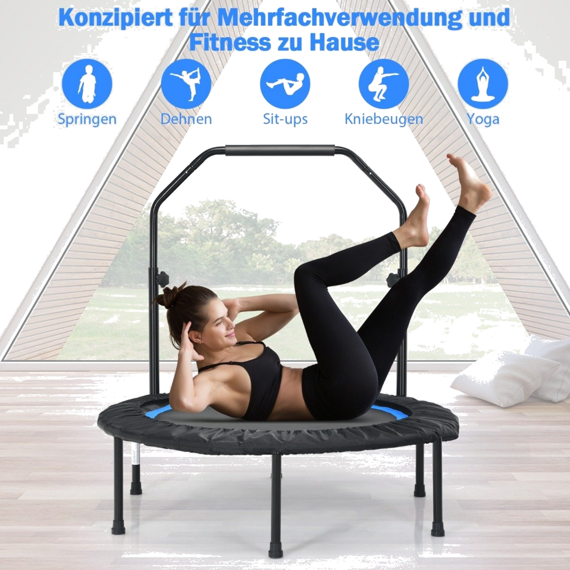 B2X, &Oslash;101 Cm Trampoline With 2 Resistance Bands Mini Trampoline With Height-adjustable Handle Black + Blu