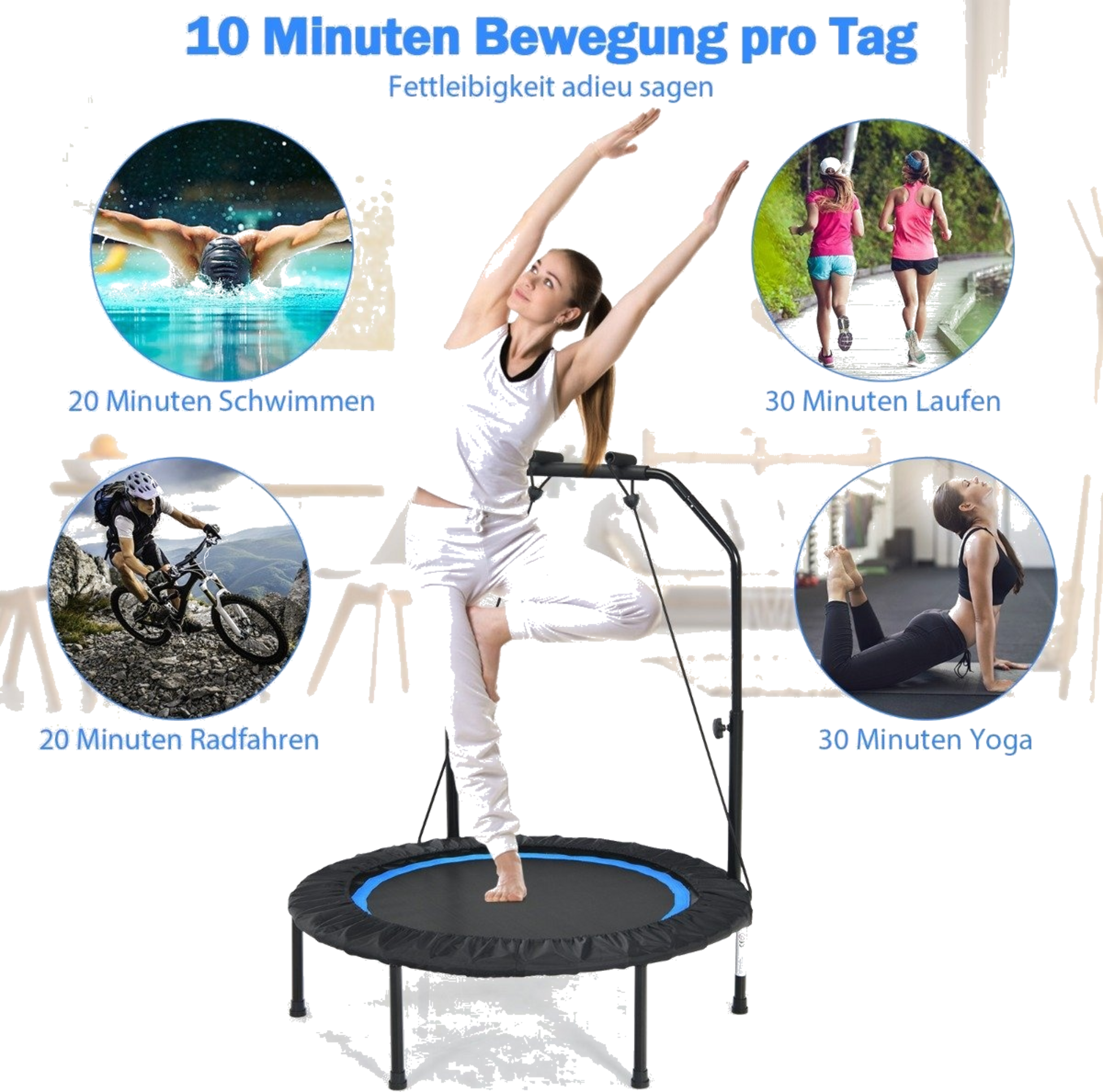 B2X, &Oslash;101 Cm Trampoline With 2 Resistance Bands Mini Trampoline With Height-adjustable Handle Black + Blu