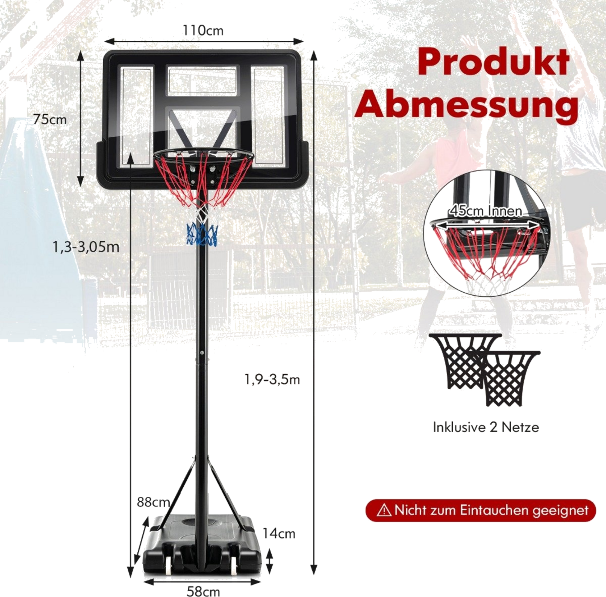 B2X, 130 Cm - 305 Cm Height-adjustable Basketball Hoop With Stand  2 Wheels Basket Stand Black