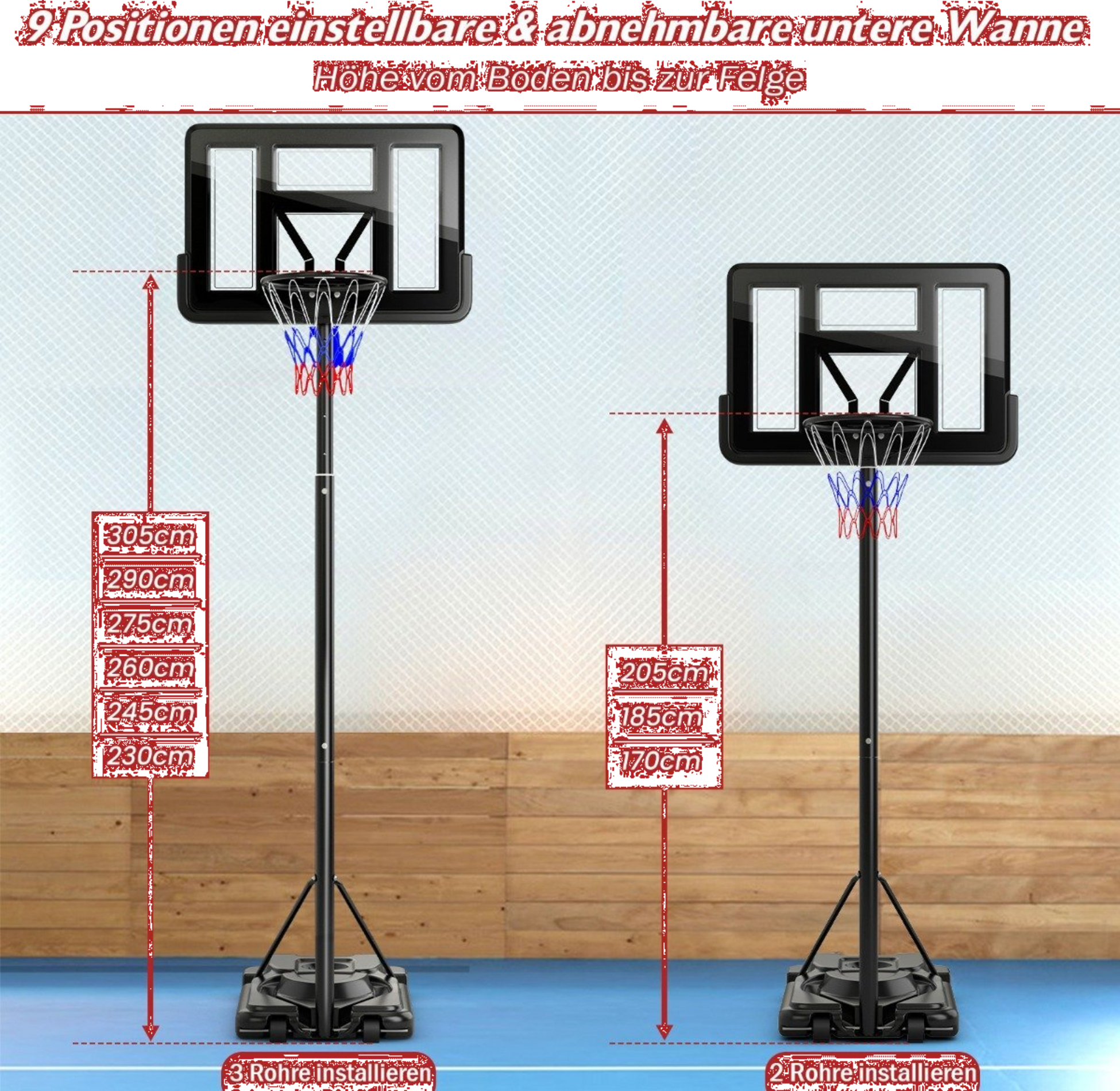NORTHIX, 170-305cm Height Adjustable Basketball Stand Outdoor Basketball Hoop With Stand