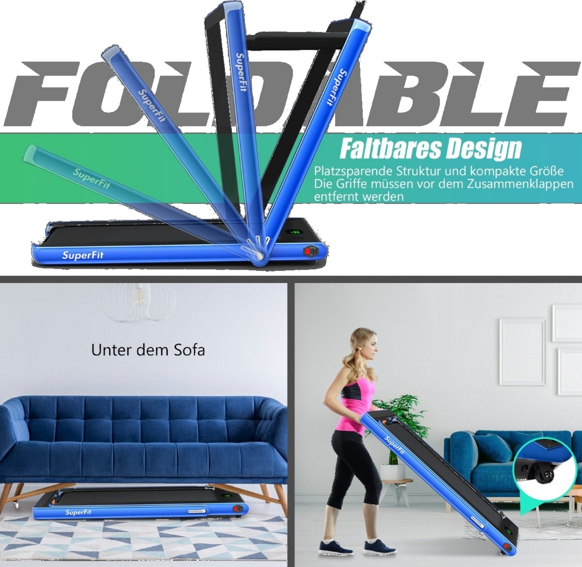 NORTHIX, 2 In 1 Folding Treadmill 2.25 Hp Portable Electric Treadmill Blue