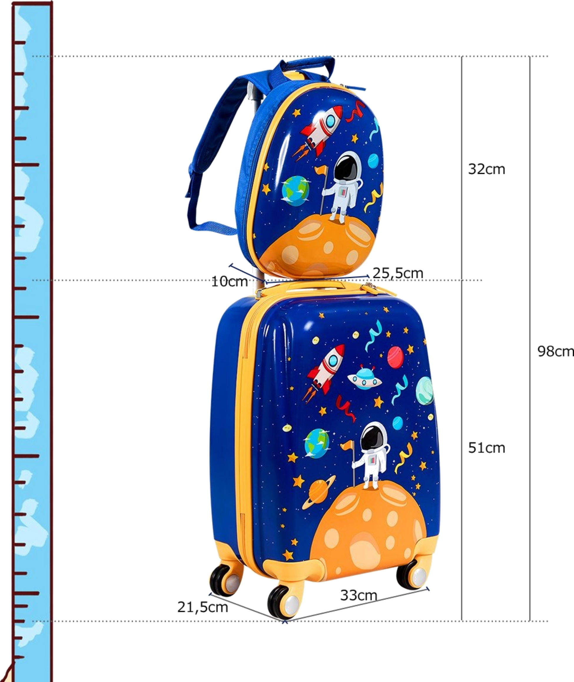 NORTHIX, 2 Pcs. Children's Suitcase + Backpack Made Of Plastic Children's Trolley Children's Luggage Astronau