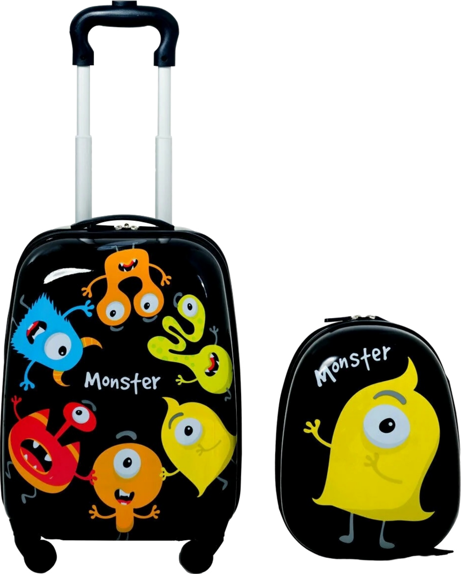 B2X, 2-piece Children's Luggage Monster Picture Travel Suitcase Children's Suitcase + Backpack Black