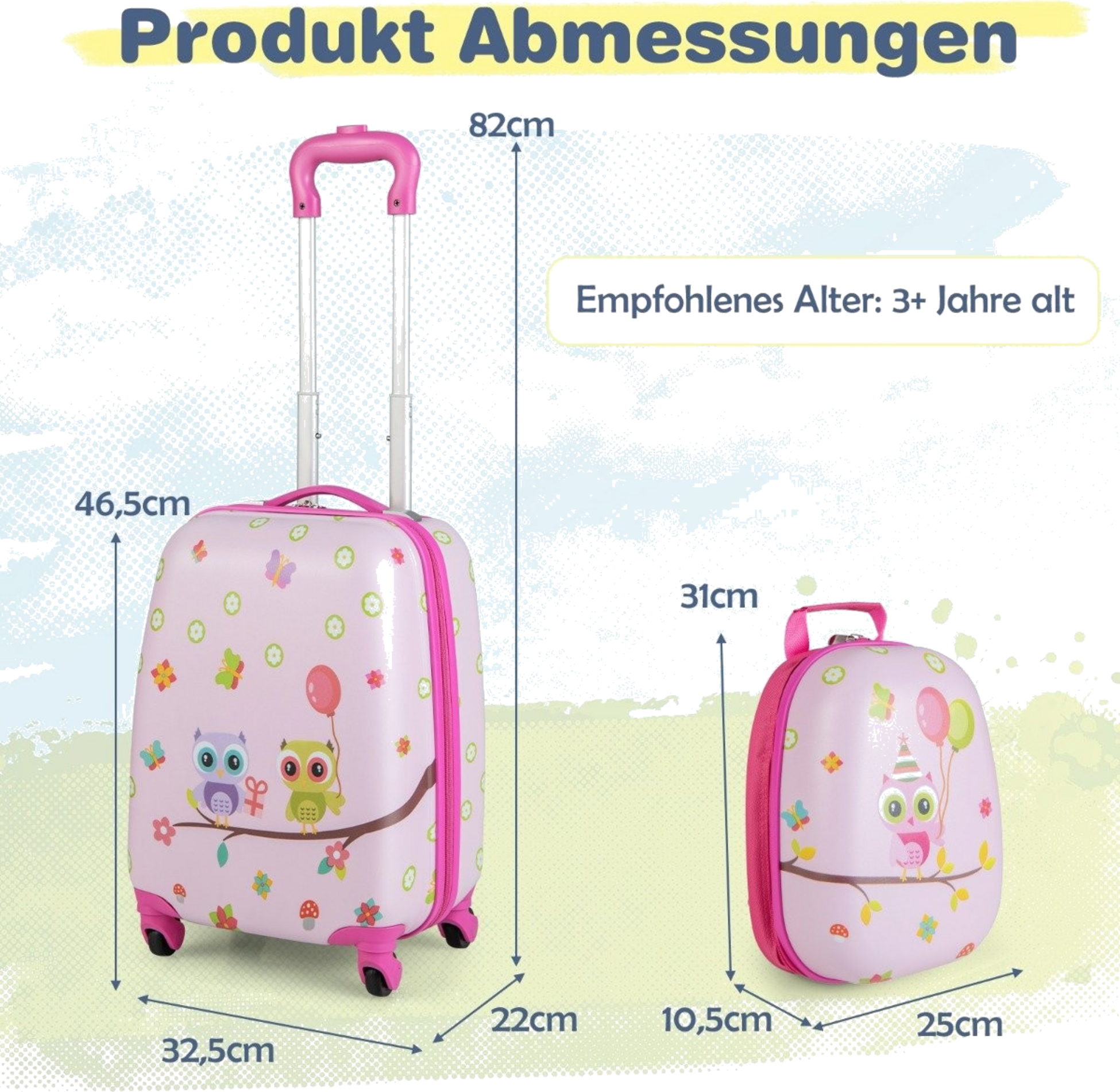 NORTHIX, 2-piece Children's Suitcase + Backpack Made Of Plastic Children's Trolley 12"+16" Pink Birds