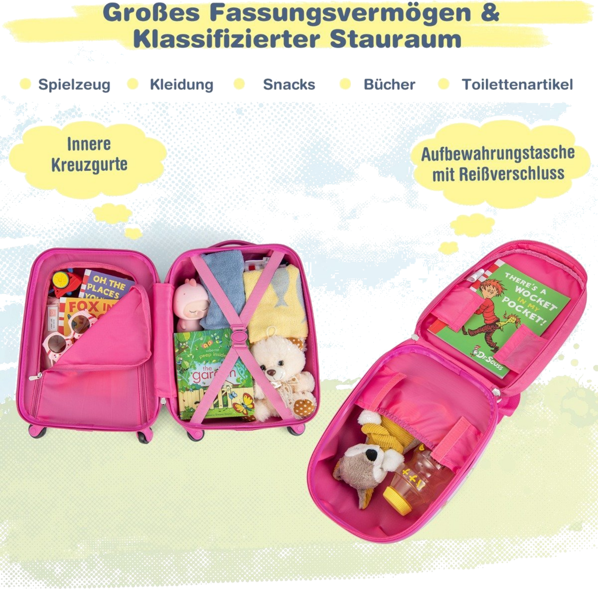 NORTHIX, 2-piece Children's Suitcase + Backpack Made Of Plastic Children's Trolley 12"+16" Pink Birds