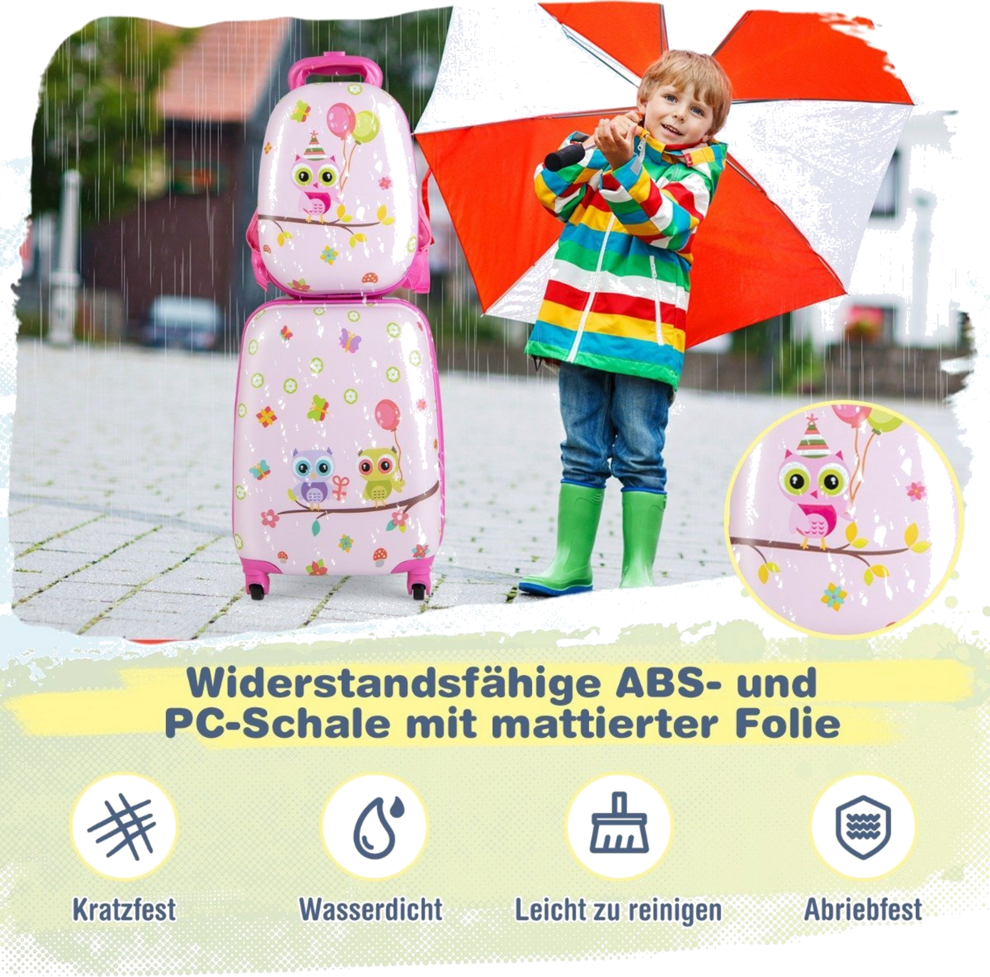 NORTHIX, 2-piece Children's Suitcase + Backpack Made Of Plastic Children's Trolley 12"+16" Pink Birds