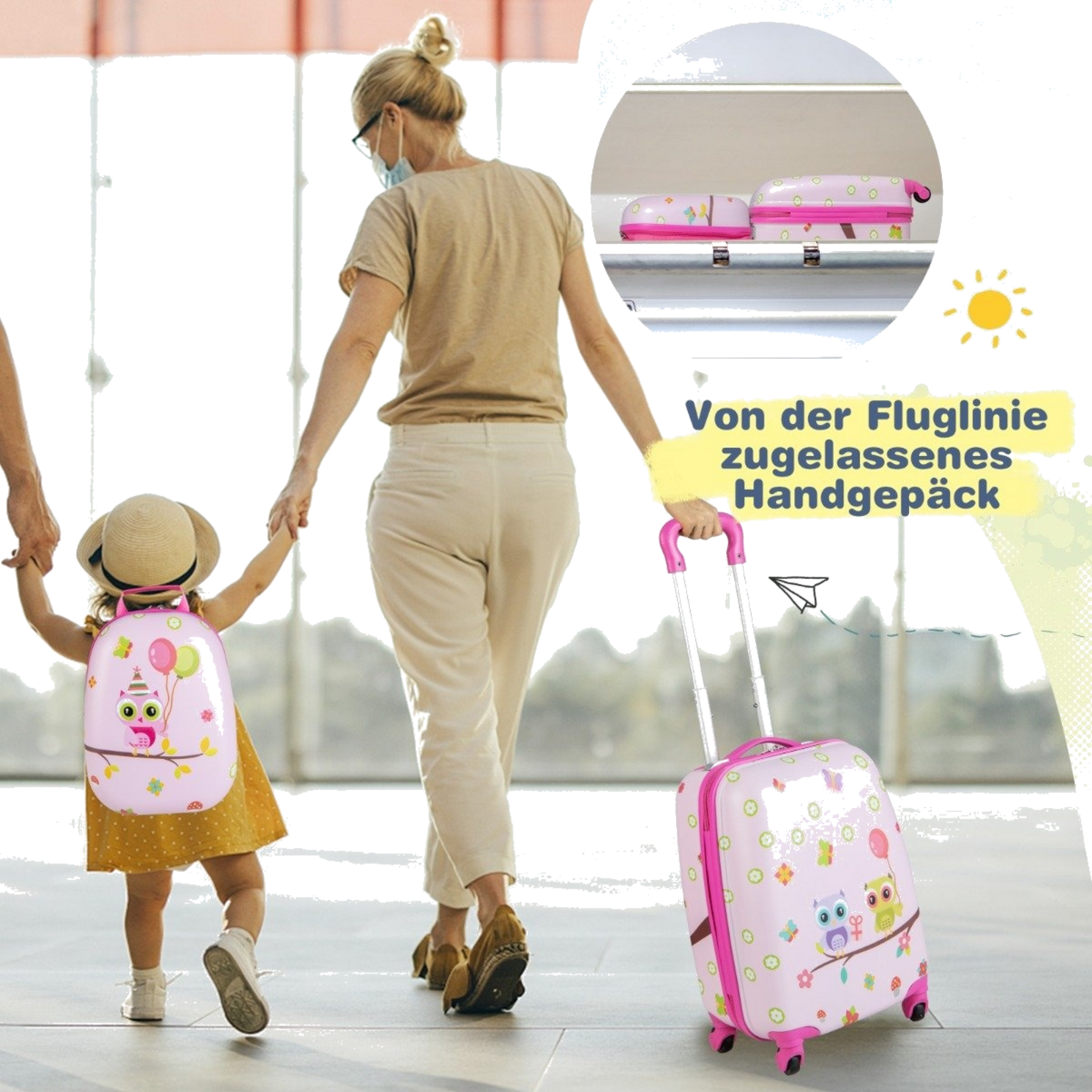 NORTHIX, 2-piece Children's Suitcase + Backpack Made Of Plastic Children's Trolley 12"+16" Pink Birds