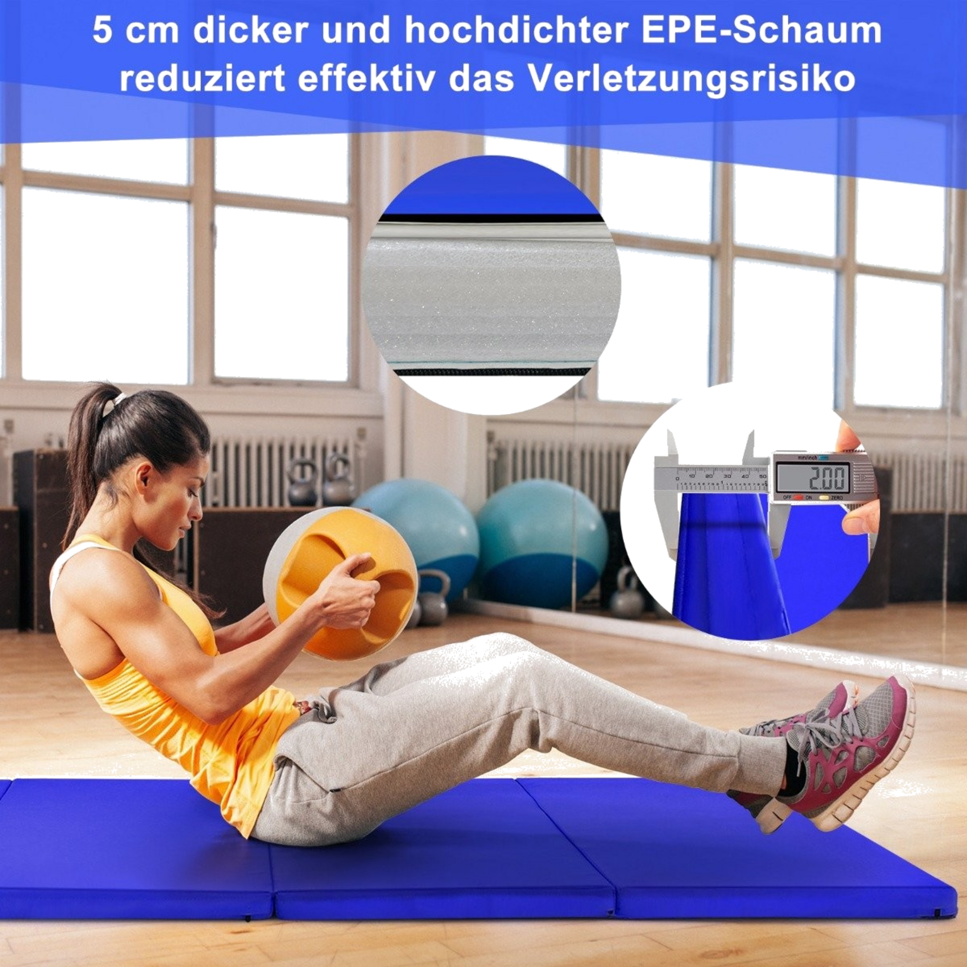 NORTHIX, 240 X 120 X 5 Cm Foldable Gymnastics Mat With Velcro Fastener  2 Carrying Handles Blue