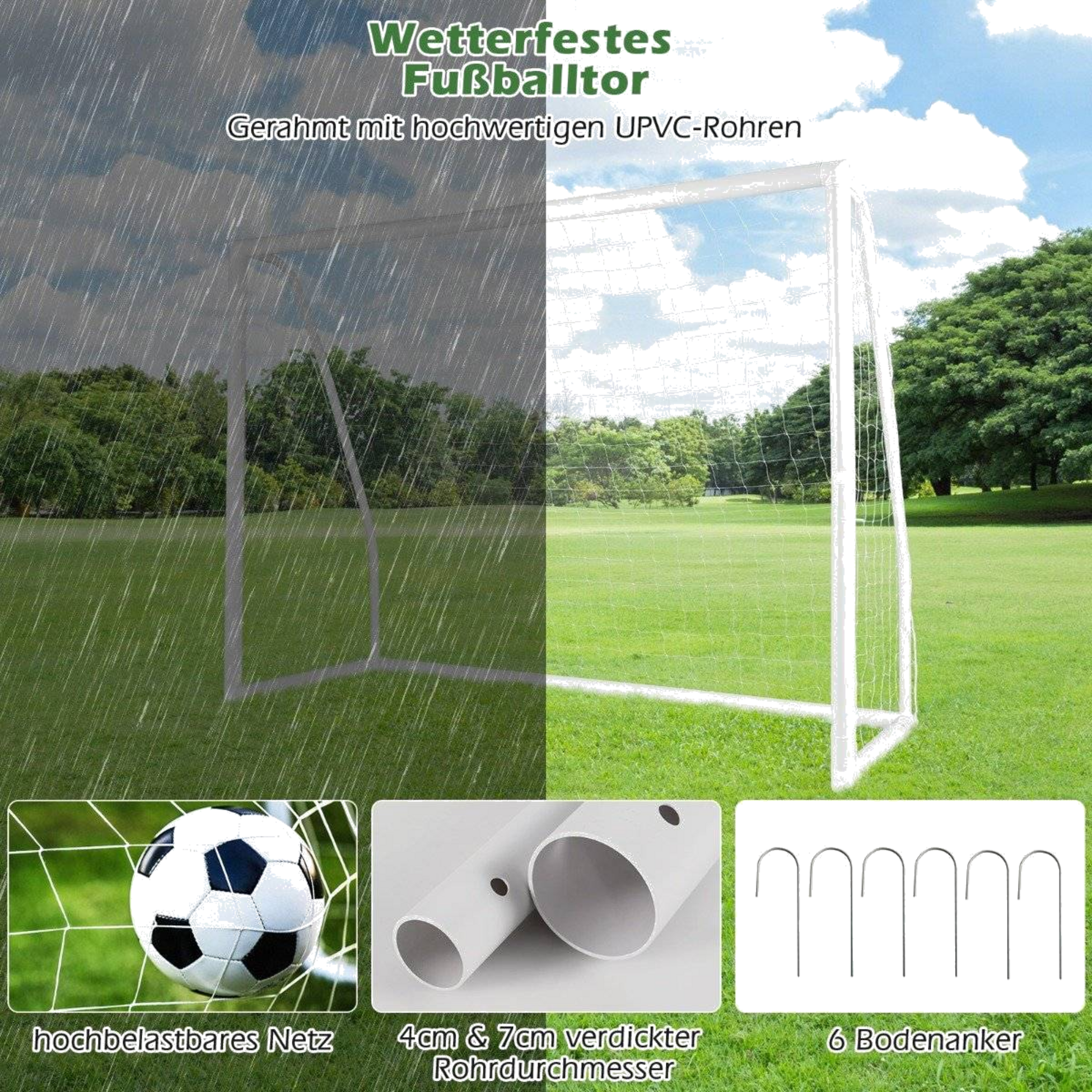 NORTHIX, 245 X 180 Cm Football Goal With High-strength Net  6 Ground Spikes, Weatherproof Goal, Football Tra