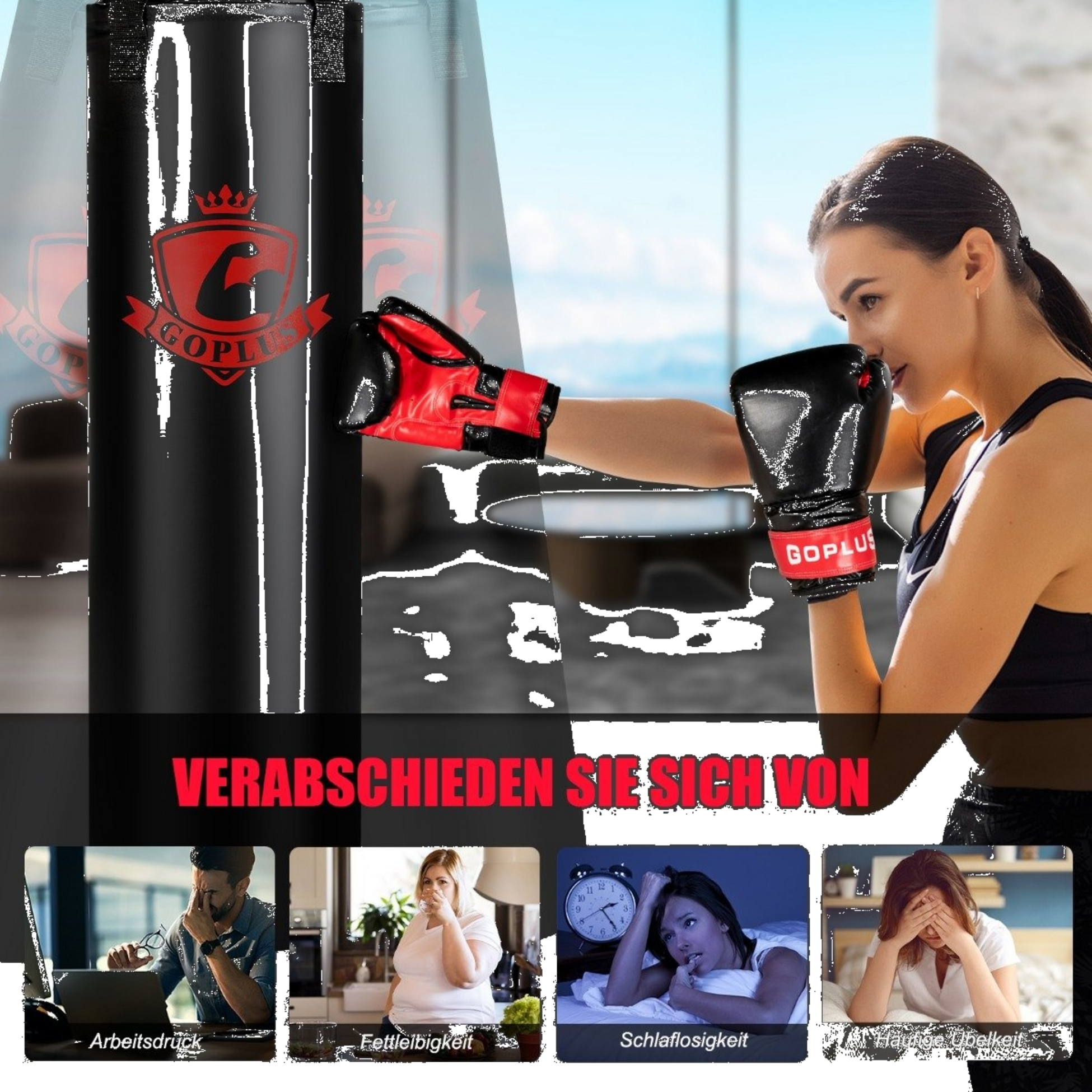 B2X, 28.5 Kg Punching Bag Set Punching Bag With 12 Oz Boxing Gloves  Hand Straps Black