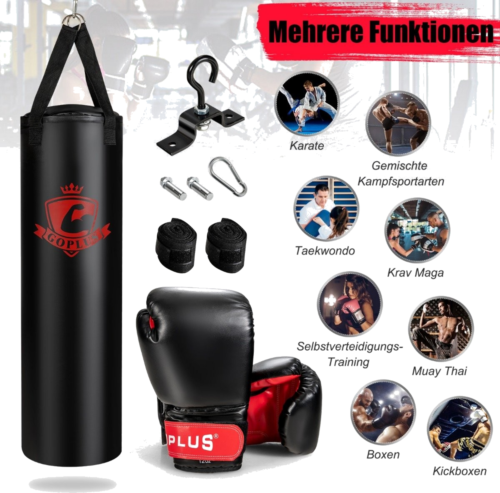 B2X, 28.5 Kg Punching Bag Set Punching Bag With 12 Oz Boxing Gloves  Hand Straps Black