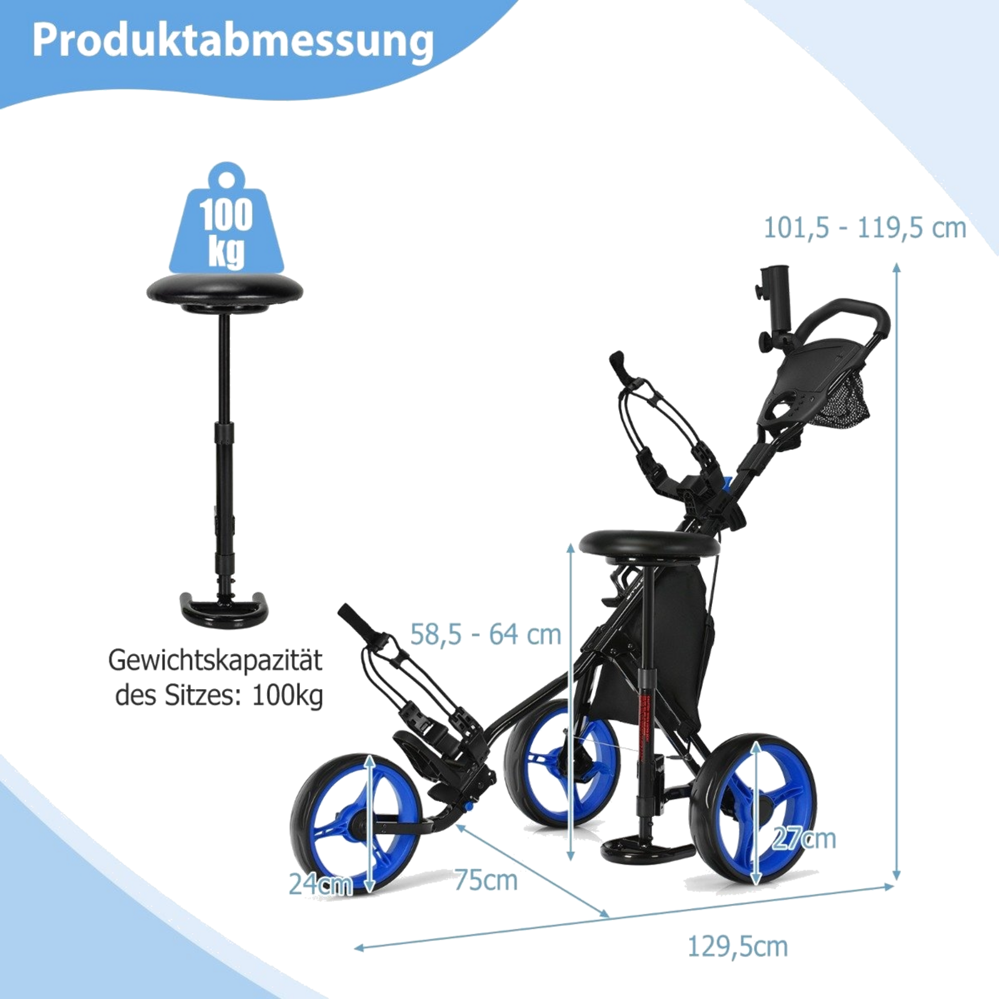 NORTHIX, 3 Wheel Golf Trolley Made Of Aluminum With Umbrella Holder  Seat Folding Golf Cart Golf Caddy Blue