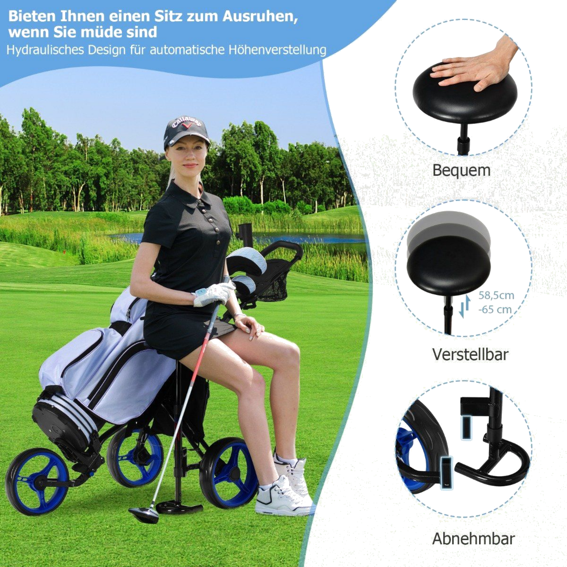 NORTHIX, 3 Wheel Golf Trolley Made Of Aluminum With Umbrella Holder  Seat Folding Golf Cart Golf Caddy Blue