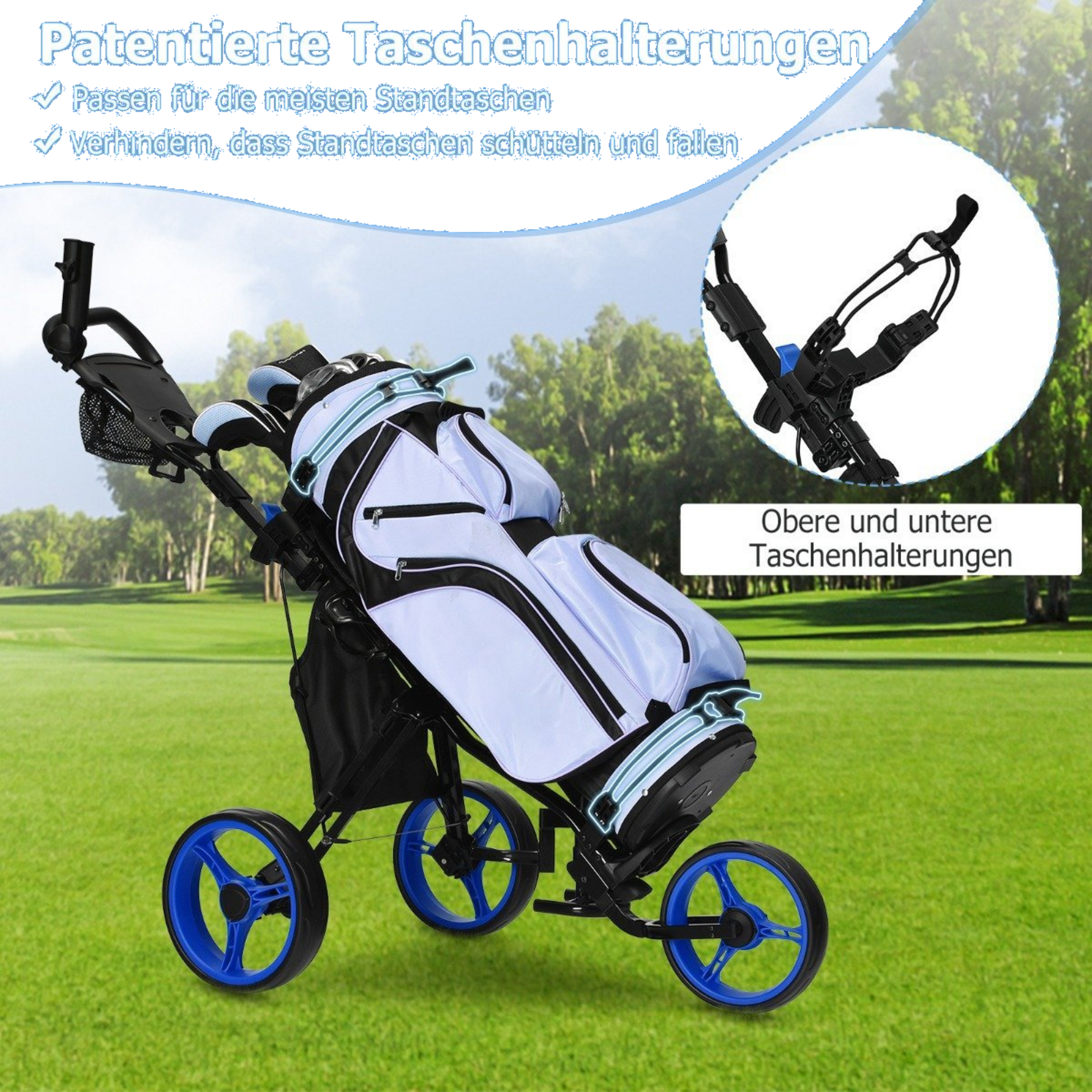NORTHIX, 3 Wheel Golf Trolley Made Of Aluminum With Umbrella Holder  Seat Folding Golf Cart Golf Caddy Blue