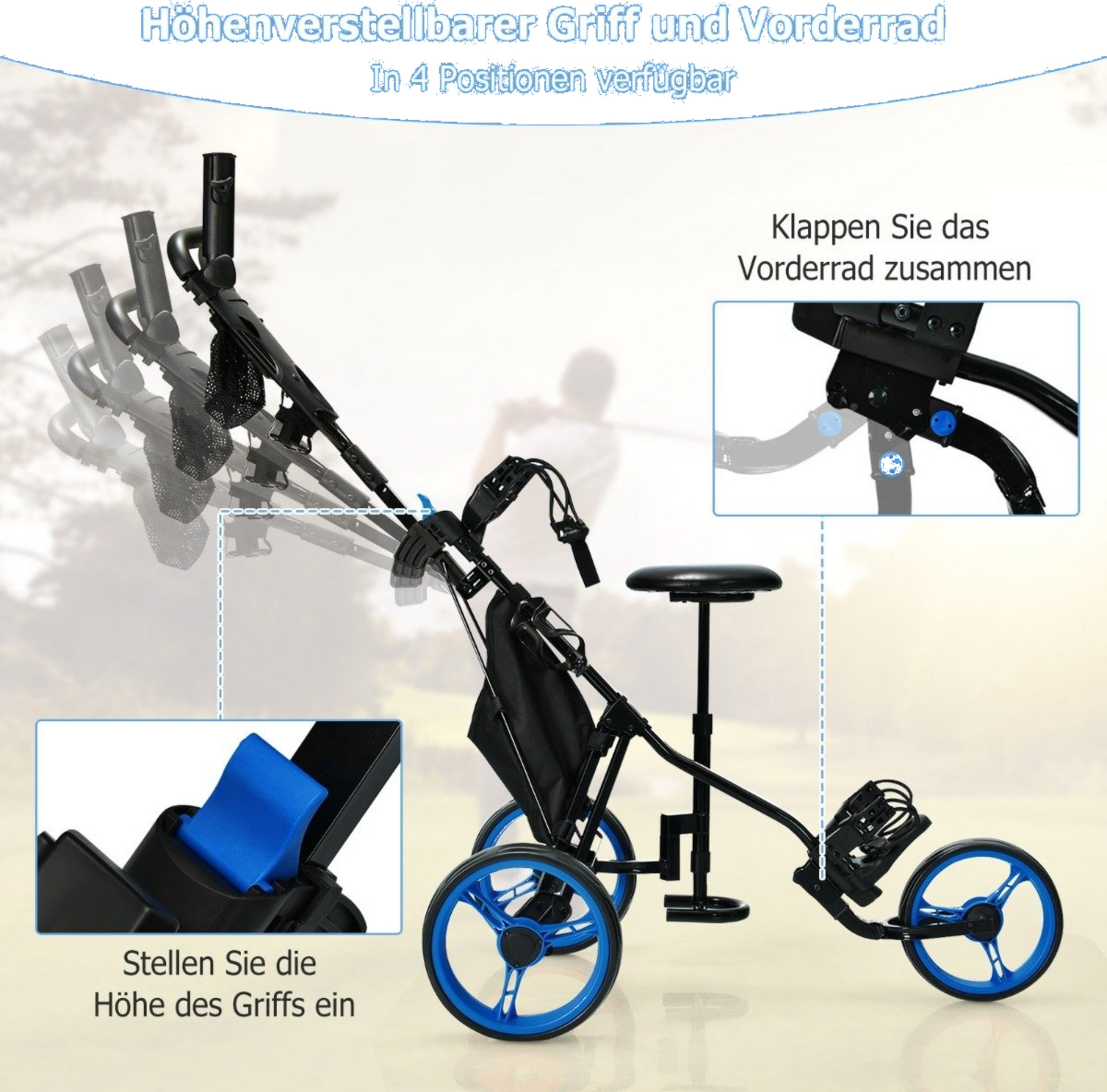 NORTHIX, 3 Wheel Golf Trolley Made Of Aluminum With Umbrella Holder  Seat Folding Golf Cart Golf Caddy Blue
