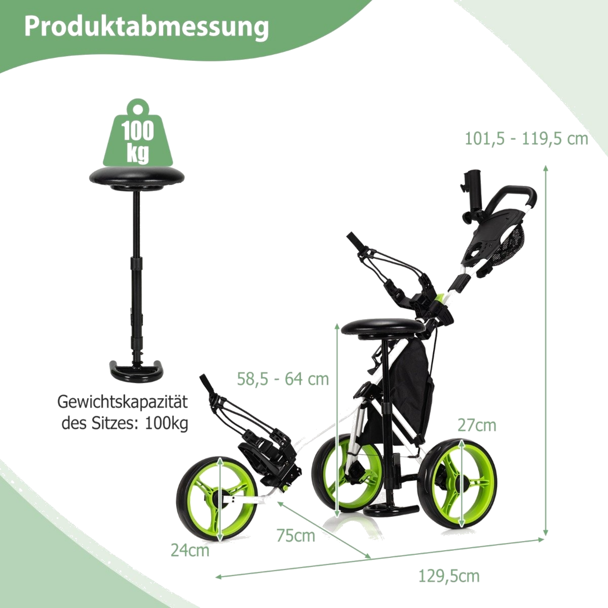 NORTHIX, 3 Wheel Golf Trolley Made Of Aluminum With Umbrella Holder  Seat Folding Golf Cart Golf Caddy Green