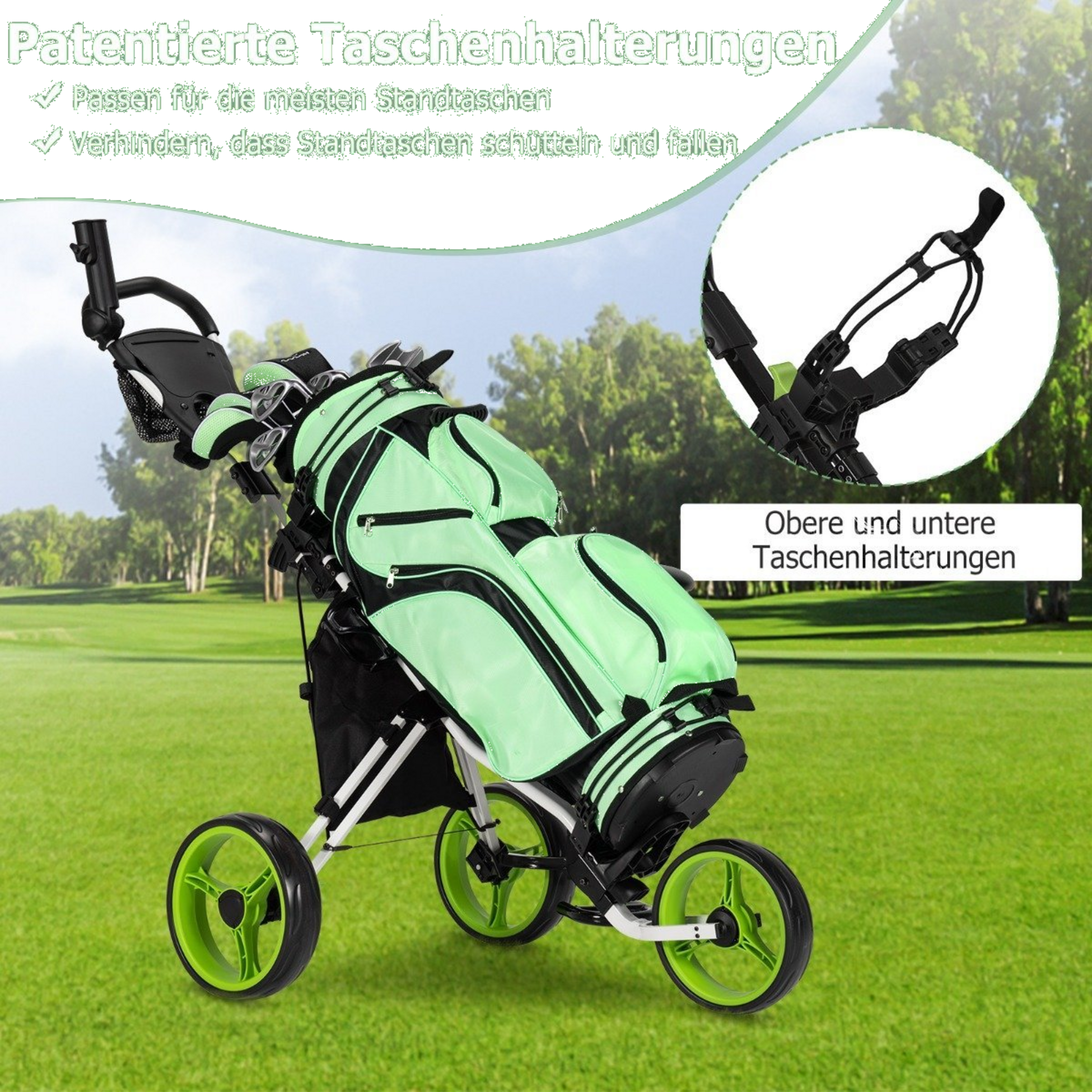 NORTHIX, 3 Wheel Golf Trolley Made Of Aluminum With Umbrella Holder  Seat Folding Golf Cart Golf Caddy Green