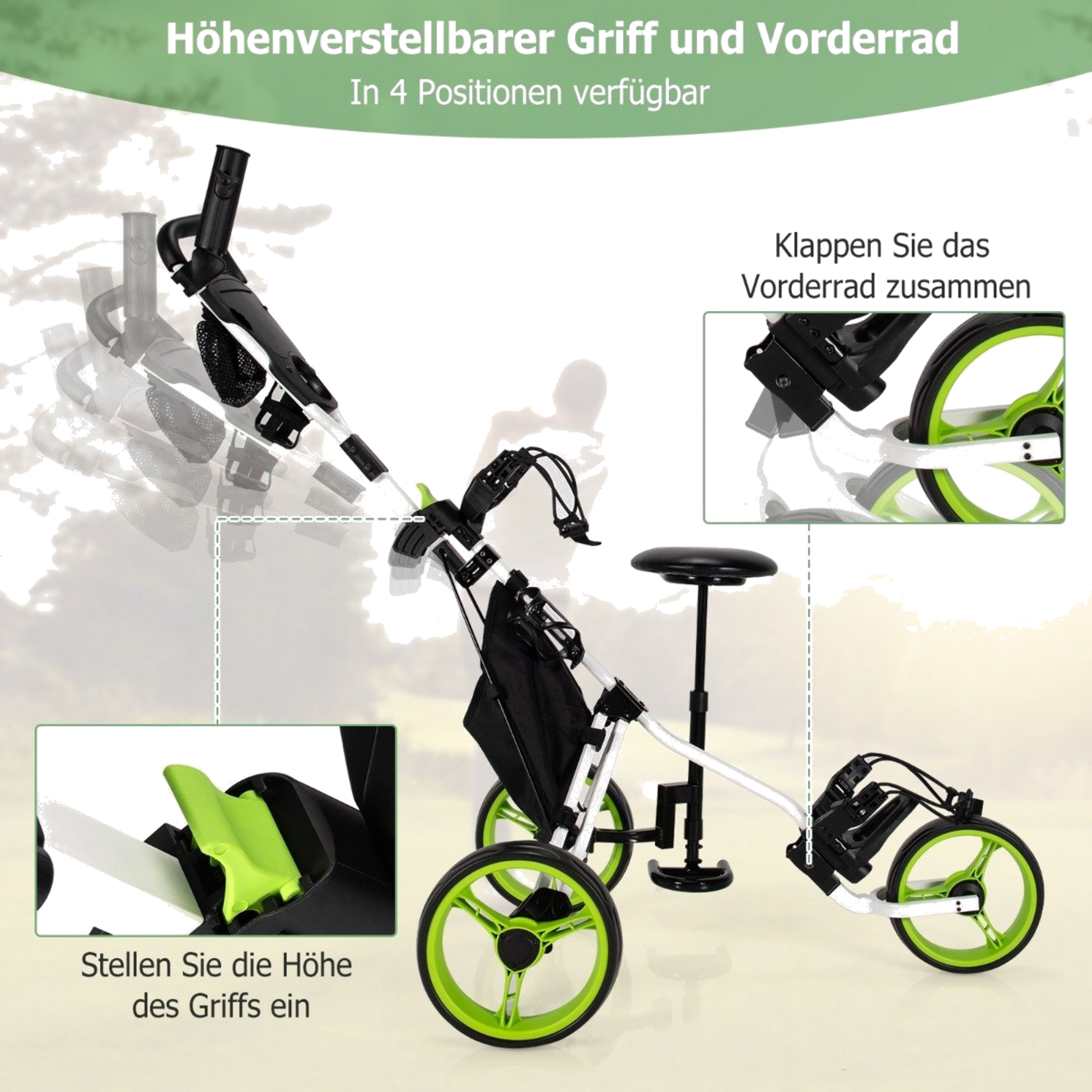 NORTHIX, 3 Wheel Golf Trolley Made Of Aluminum With Umbrella Holder  Seat Folding Golf Cart Golf Caddy Green