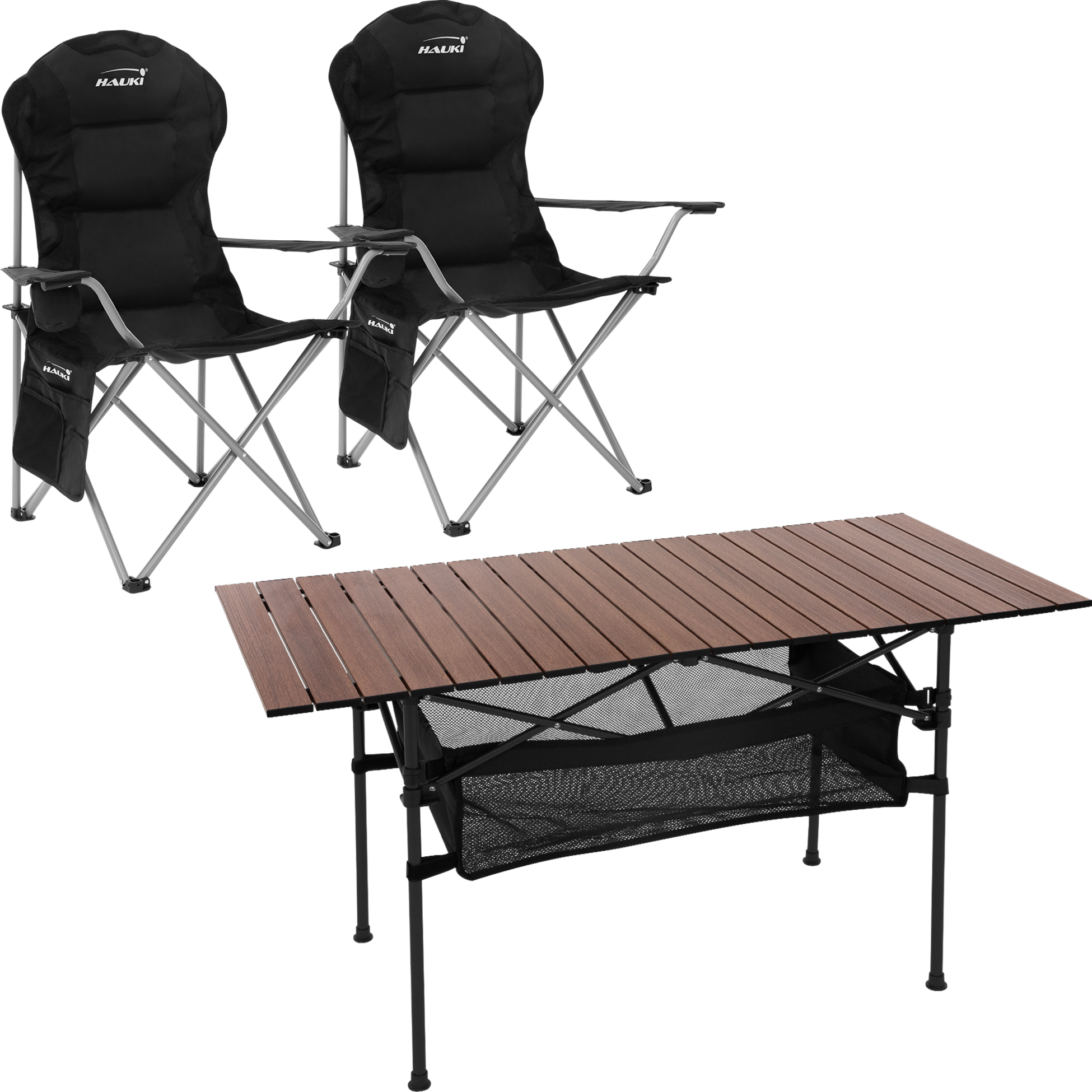 HAUKI, 3-delat Campingset Med Hopfällbart Bord Brunt Och 2 Campingstolar Svarta Hauki