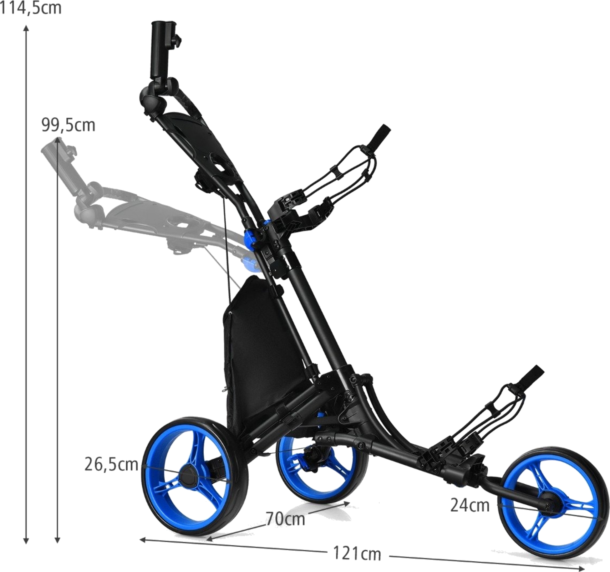 NORTHIX, 3-wheel Folding Golf Trolley With Scoreboard  Umbrella  T-piece Holder Black + Blue
