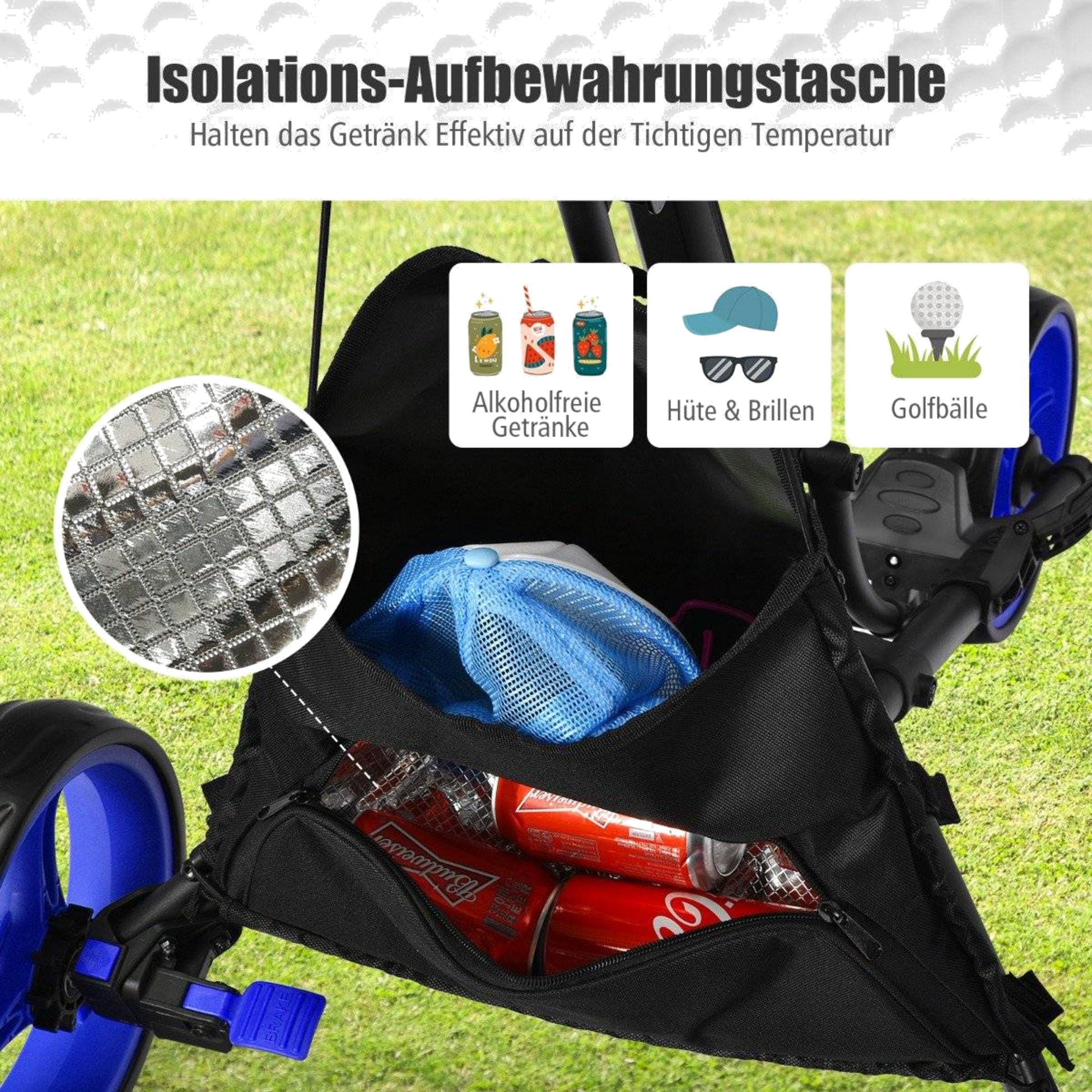 NORTHIX, 3-wheel Folding Golf Trolley With Scoreboard  Umbrella  T-piece Holder Black + Blue