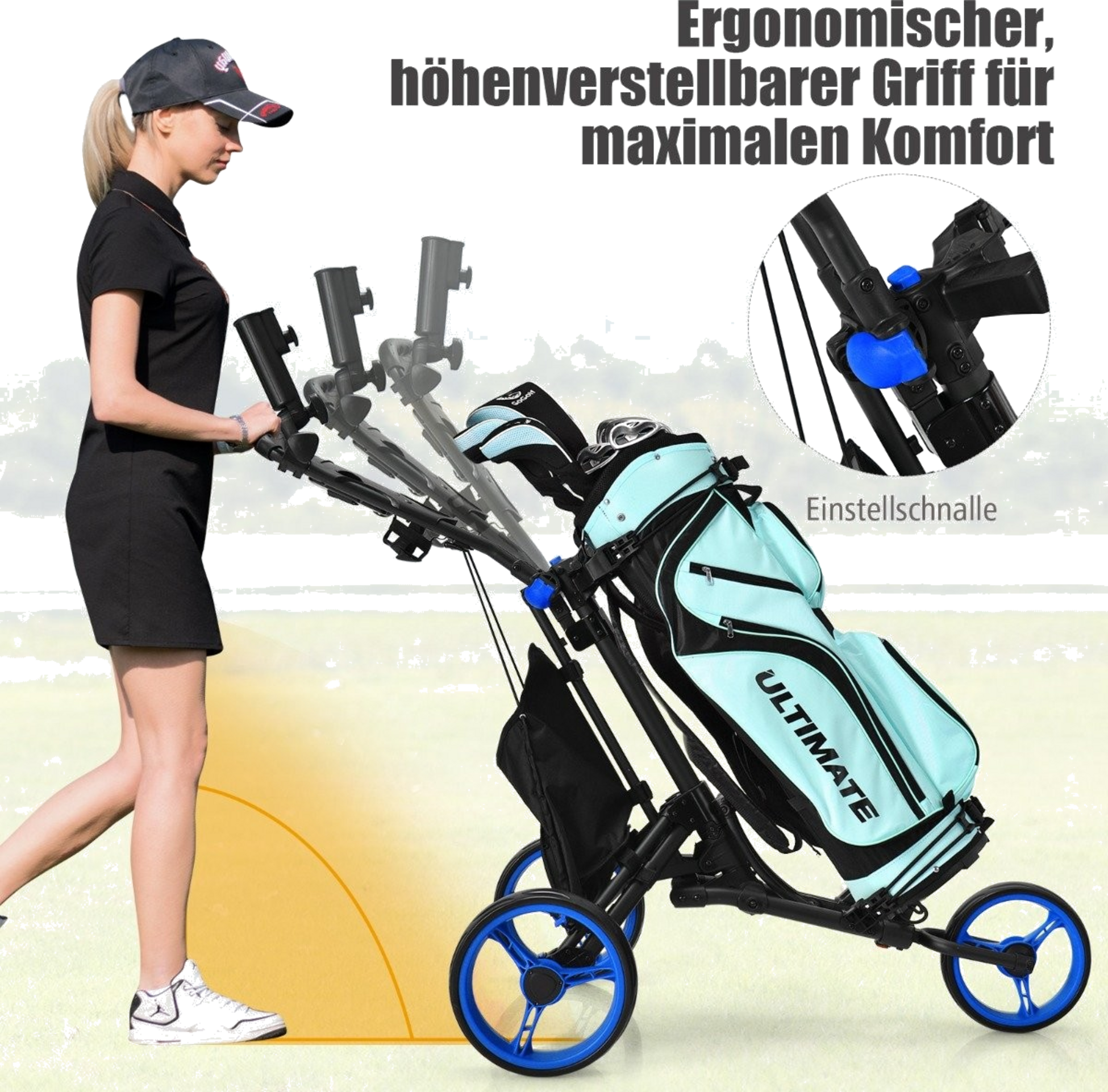 NORTHIX, 3-wheel Folding Golf Trolley With Scoreboard  Umbrella  T-piece Holder Black + Blue