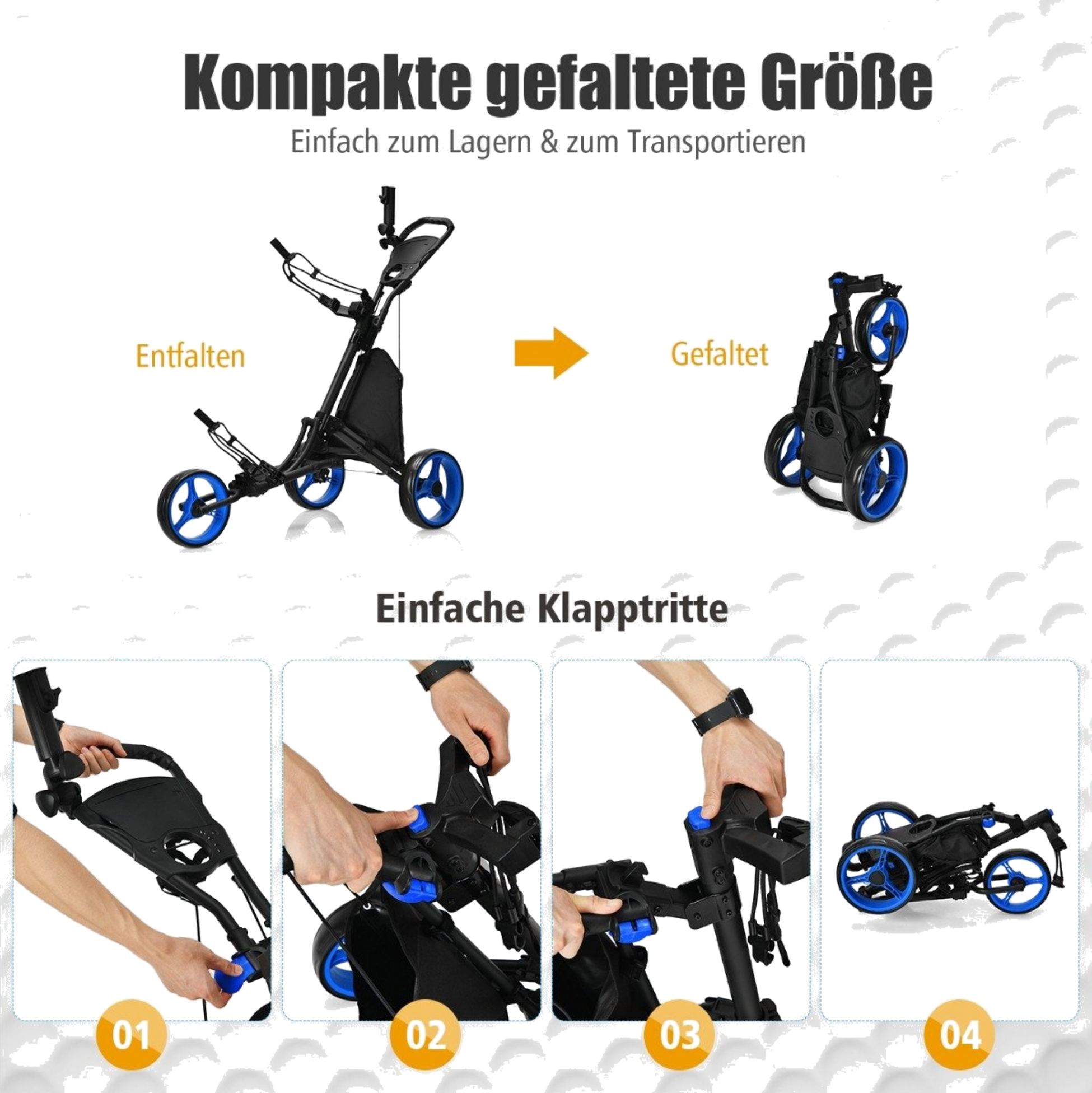 NORTHIX, 3-wheel Folding Golf Trolley With Scoreboard  Umbrella  T-piece Holder Black + Blue