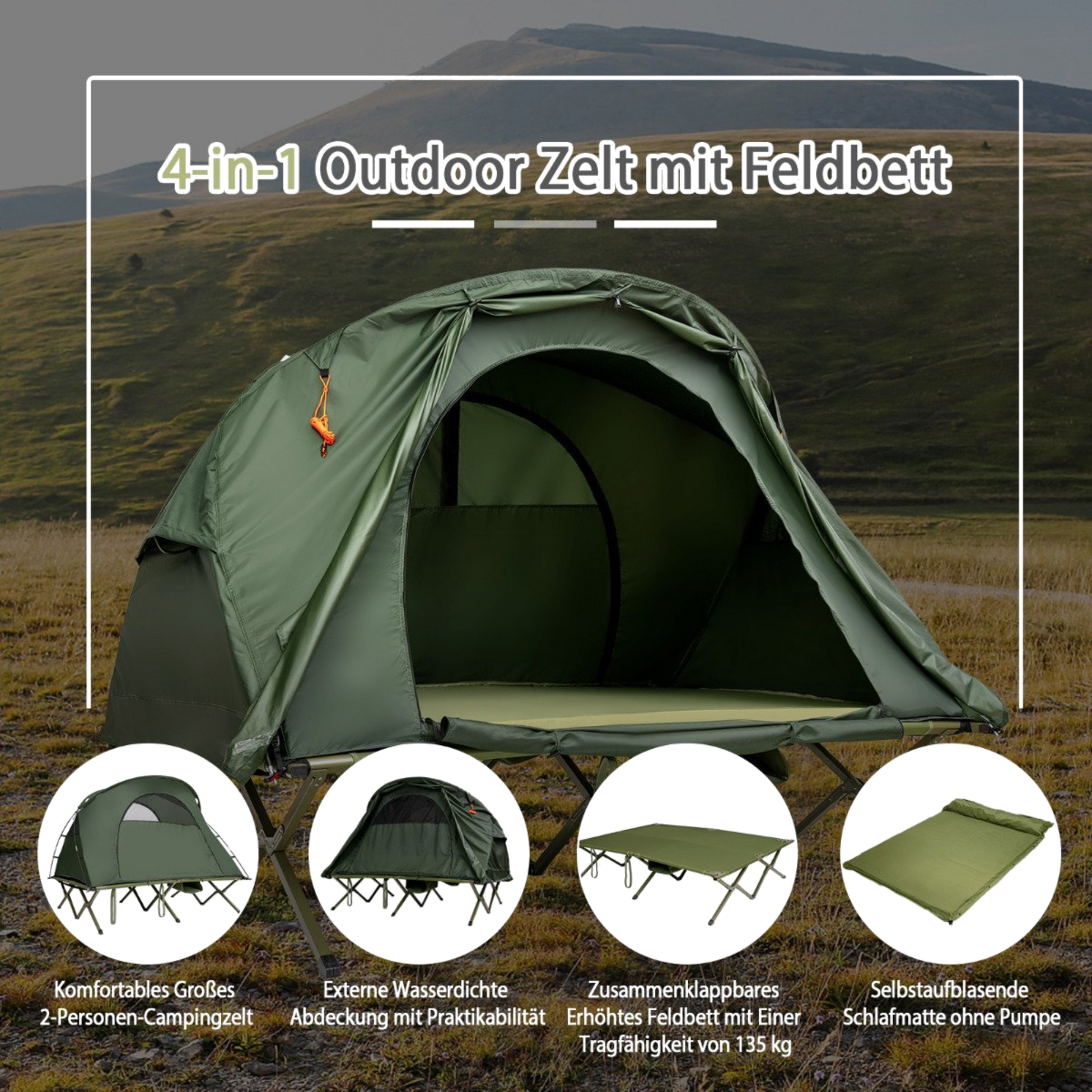 NORTHIX, 4 In 1 Camping Tent Set For 2 People With Cover And Mattress 194 X 146 X 160 Cm Green