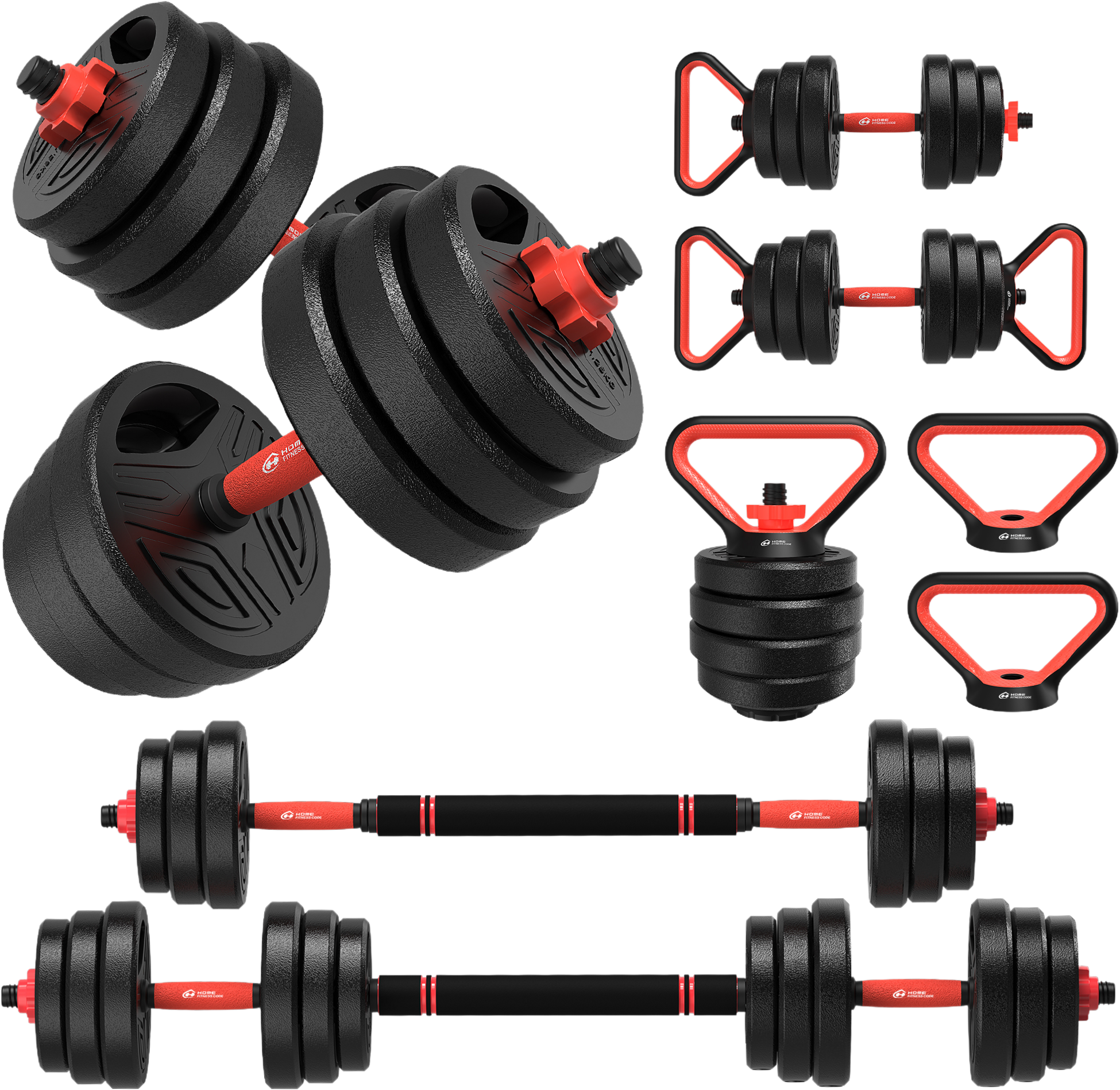 HOMEFITNESSCODE, 4-in-1 Adjustable Dumbbells &ndash; Barbell, Kettlebell And Push-up Set