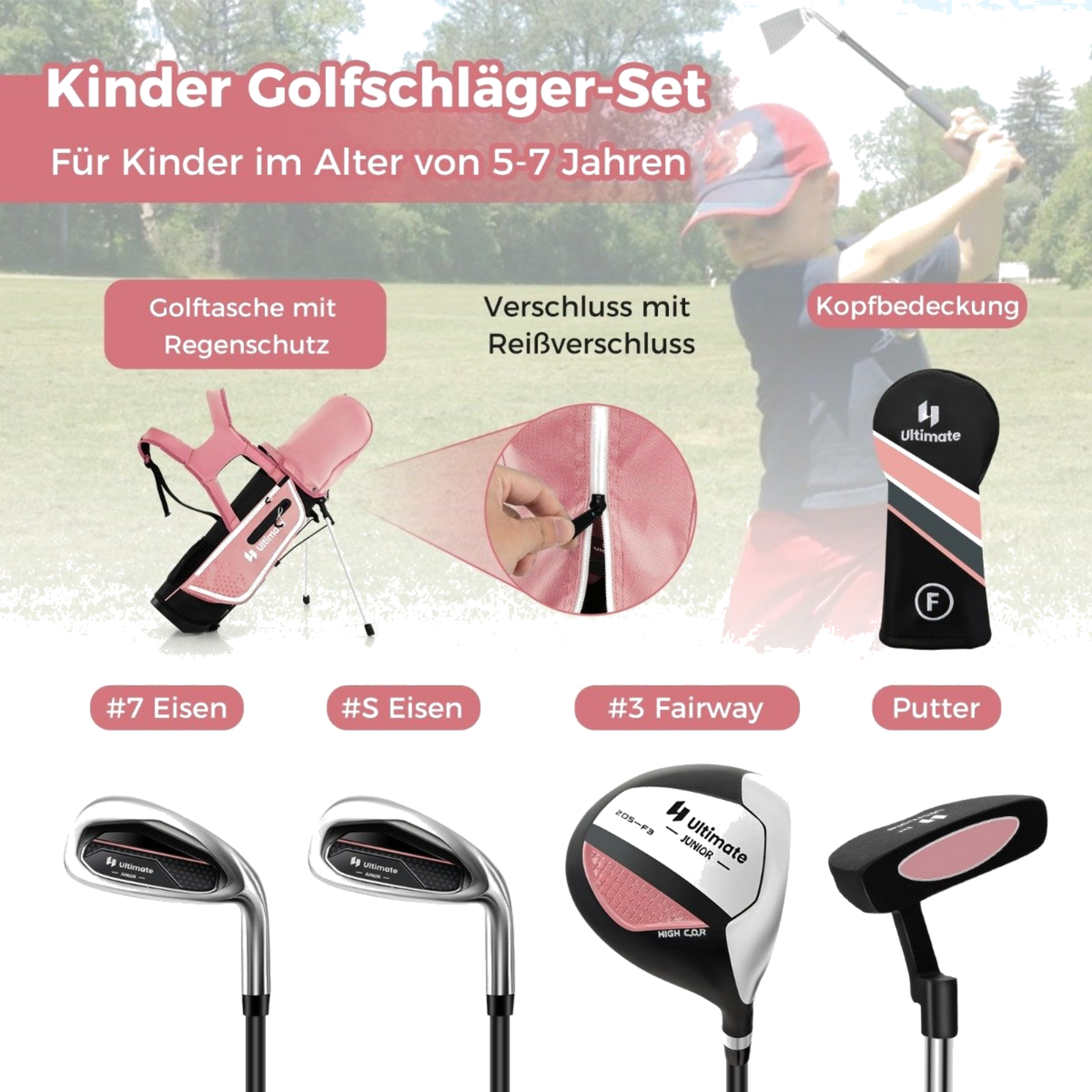 NORTHIX, 4-piece Children's Golf Club Set With Golf Bag And Rain Cover For Children Aged 5-7 Years, Pink